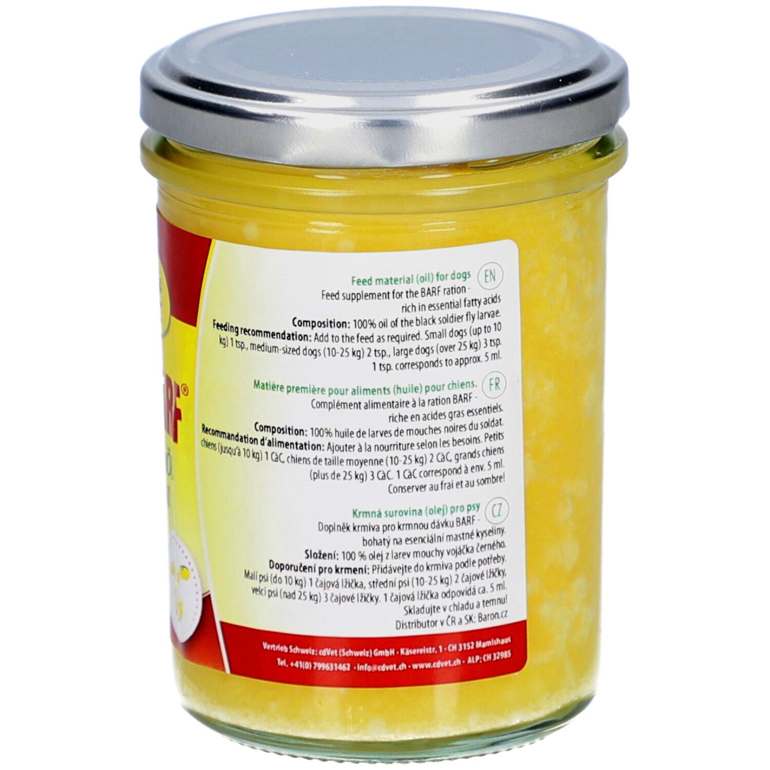 Rückseite eines Glases mit gelbem Öl. Silberfarbener Deckel. Etikett mit Text in mehreren Sprachen. Aufschrift: 200 ml.