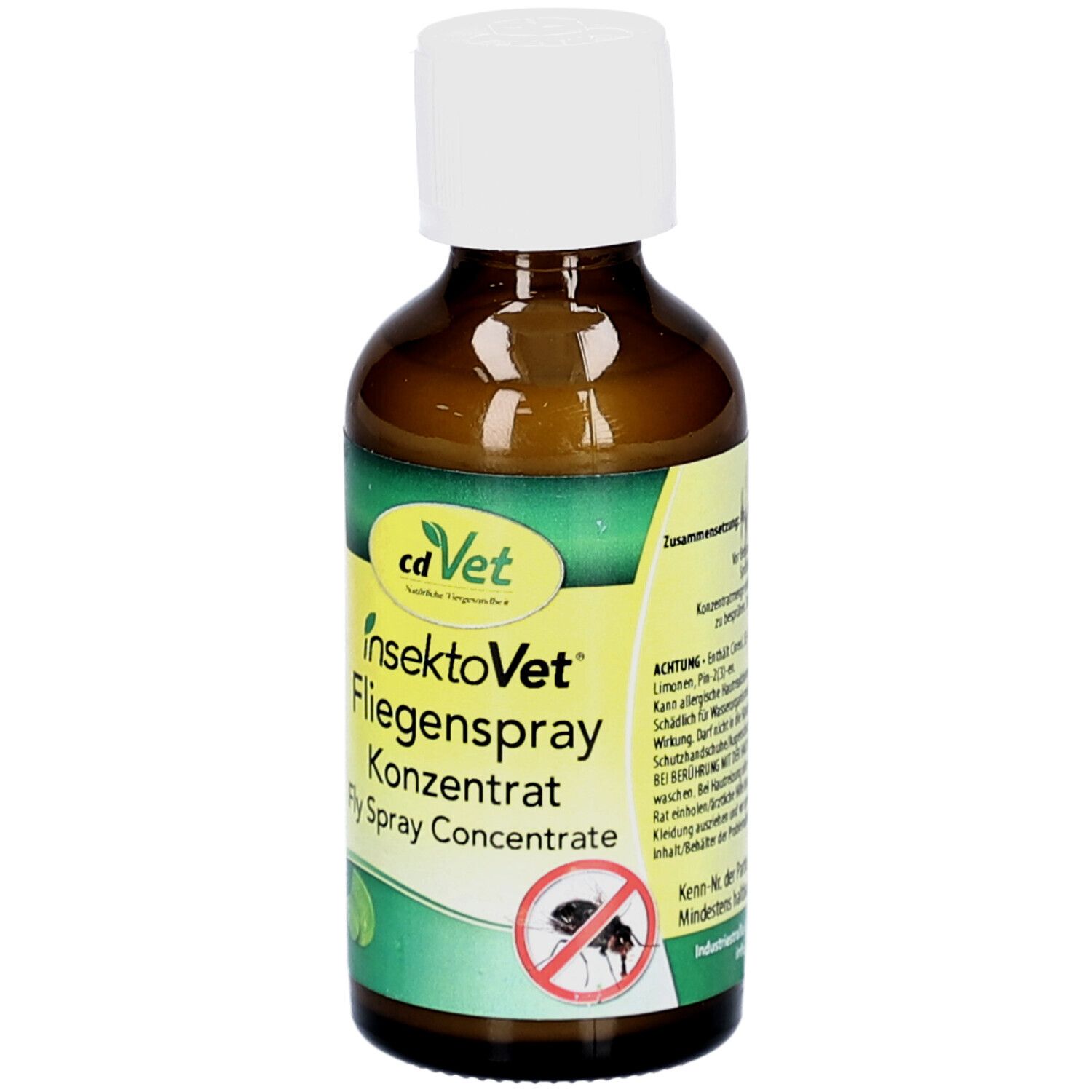 Braune Flasche mit weißem Deckel. Beschriftung: cdVet, insektoVet Fliegenspray Konzentrat. Abbildung einer Fliege mit rotem Kreuz.