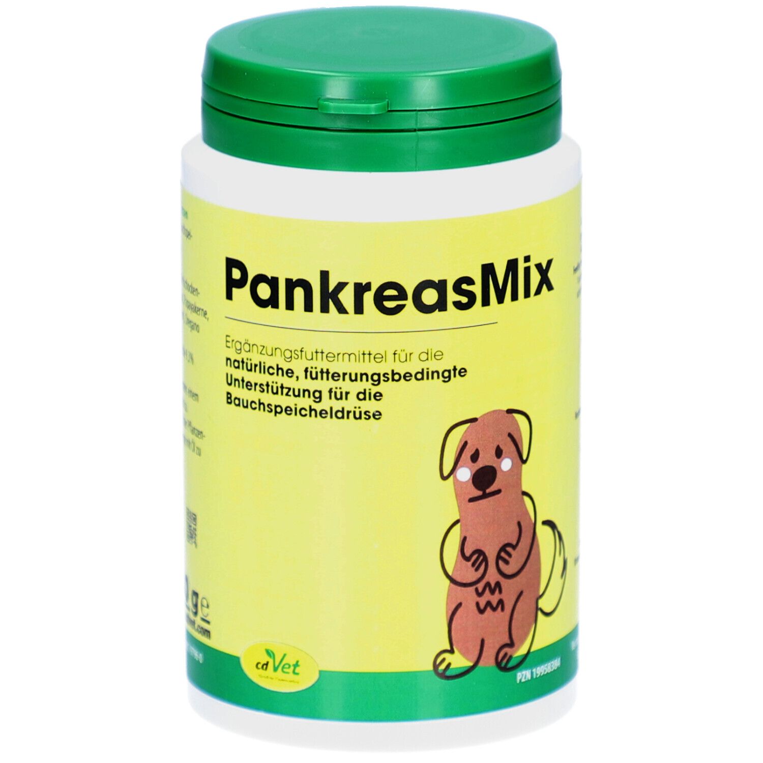 Weißes Behältnis mit grünem Deckel. Aufschrift: PankreasMix. Illustration eines Hundes. Logo: cdVet.