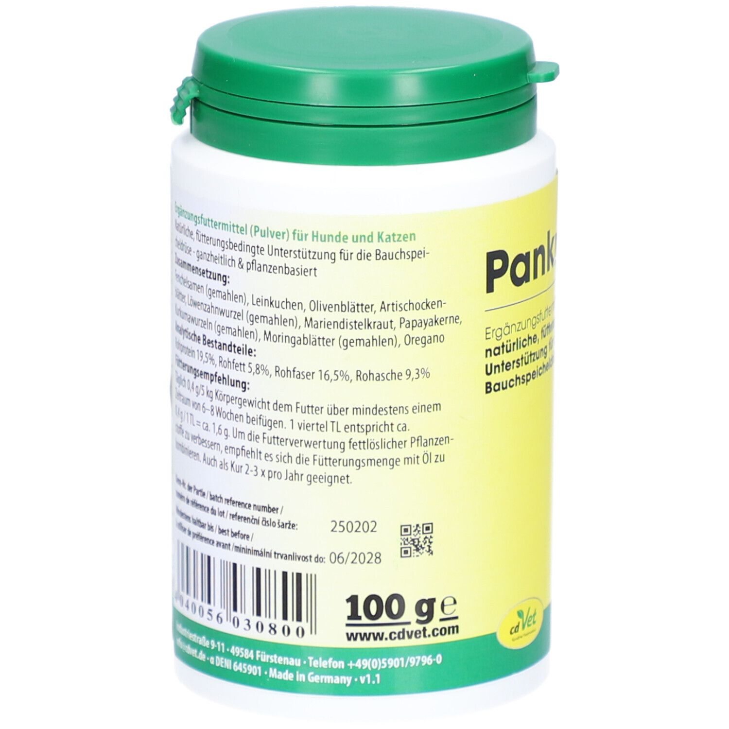 Rückseite des weißen Behältnisses. Text in deutscher Sprache. Barcode und QR-Code. Logo: cdVet. Inhalt: 100 g.