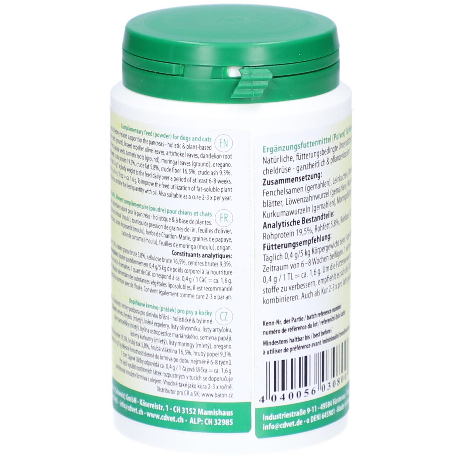 Rückseite des weißen Behältnisses. Text in englischer und französischer Sprache. Barcode. Logo: cdVet.