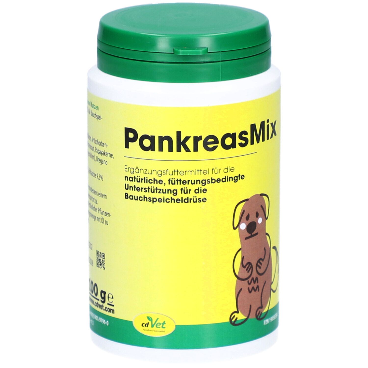 Weißes Behältnis mit grünem Deckel. Aufschrift: PankreasMix. Illustration eines Hundes. Logo: cdVet. Inhalt: 100 g.