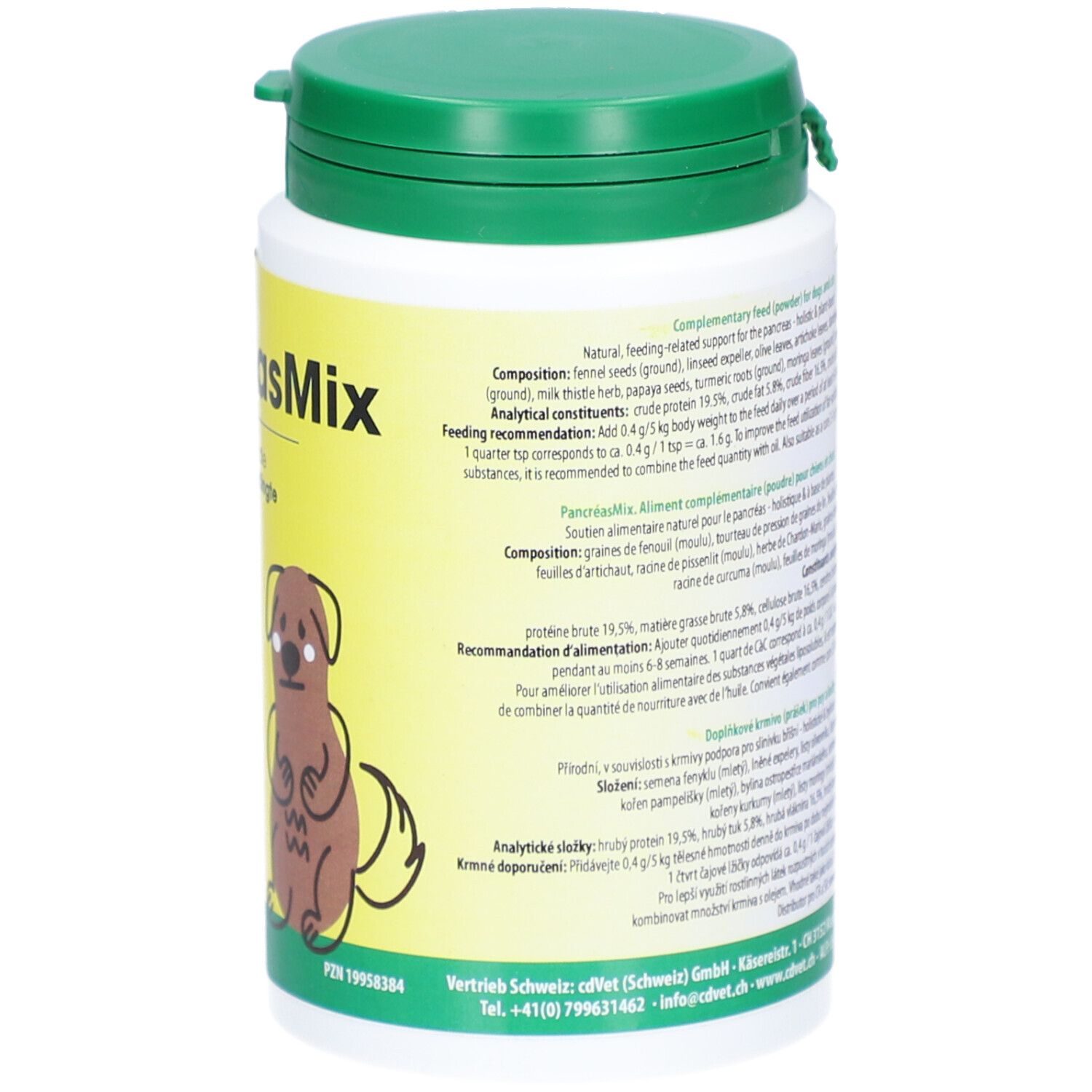 Rückseite des weißen Behältnisses. Text in englischer, französischer und tschechischer Sprache. Logo: cdVet.