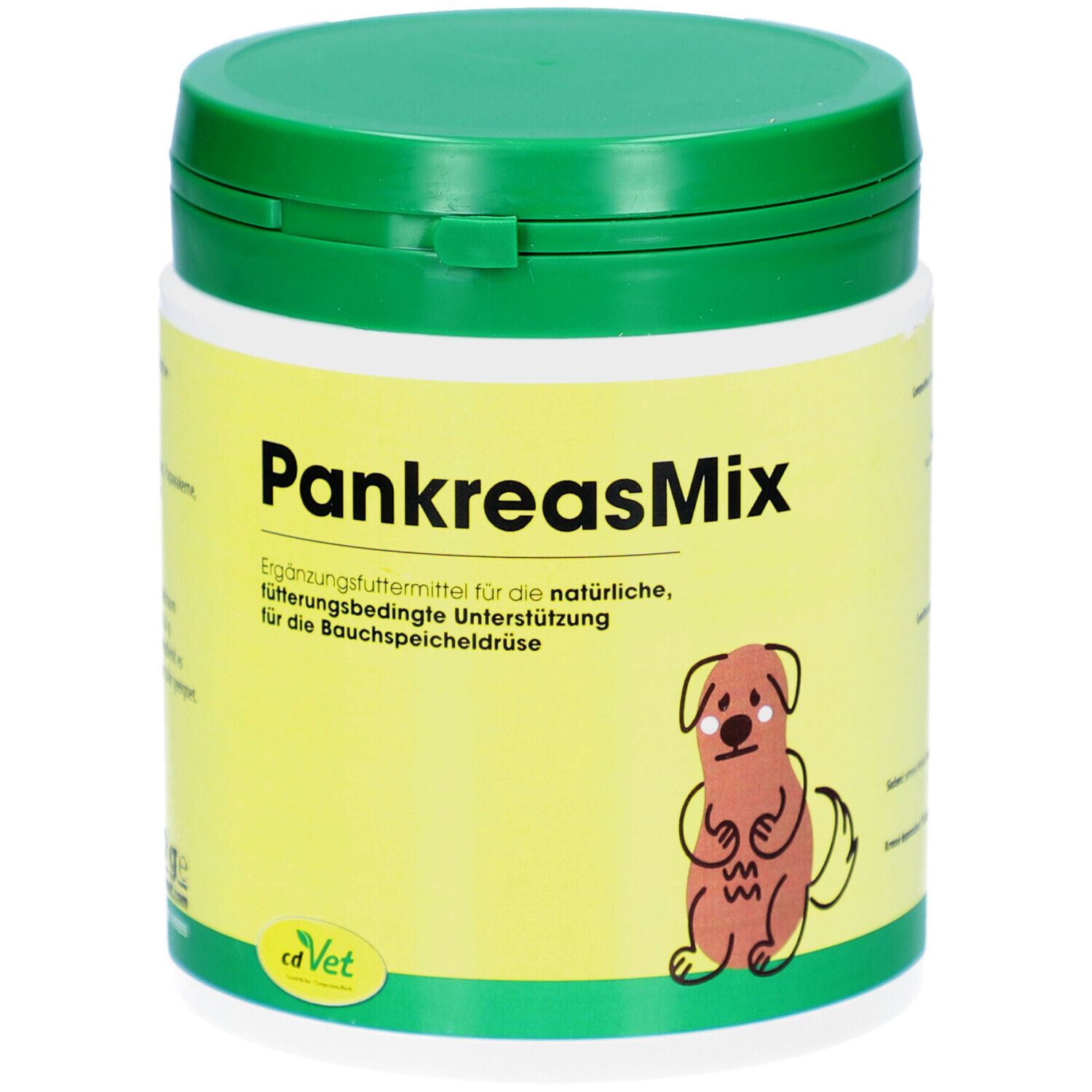 Behälter mit grünem Deckel. Aufschrift: PankreasMix. Illustration eines Hundes. Gelber Hintergrund mit Produktinformationen.