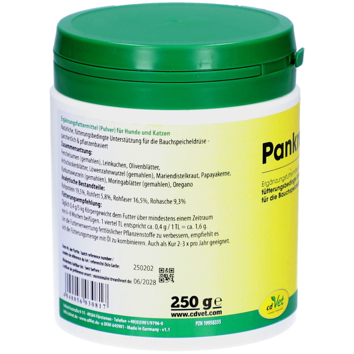 Behälter mit grünem Deckel. Rückseite mit Text. Produktname: PankreasMix. Inhaltsstoffe und analytische Bestandteile sind aufgeführt.