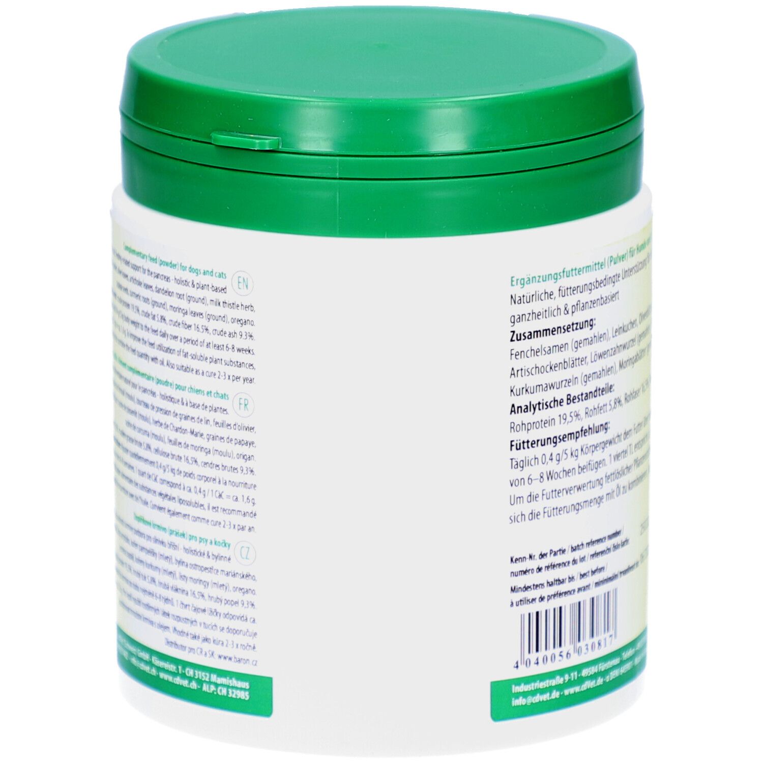 Behälter mit grünem Deckel. Rückseite mit Text in mehreren Sprachen. Produktname: PankreasMix. Inhaltsstoffe und Analyse.