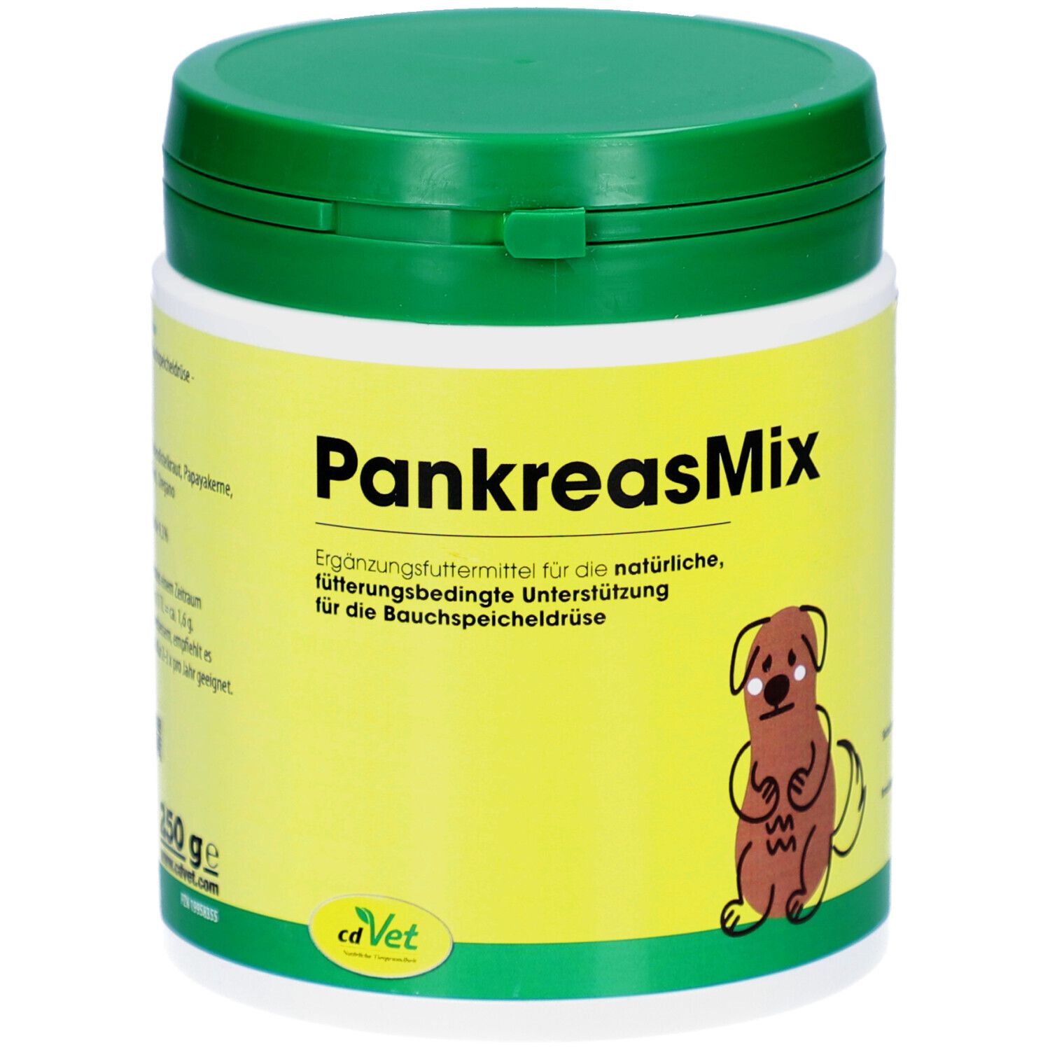 Behälter mit grünem Deckel. Aufschrift: PankreasMix. Illustration eines Hundes. Gelber Hintergrund mit Produktinformationen.