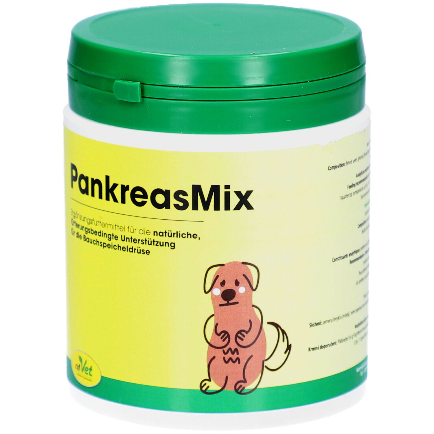 Behälter mit grünem Deckel. Aufschrift: PankreasMix. Illustration eines Hundes. Gelber Hintergrund mit Produktinformationen.
