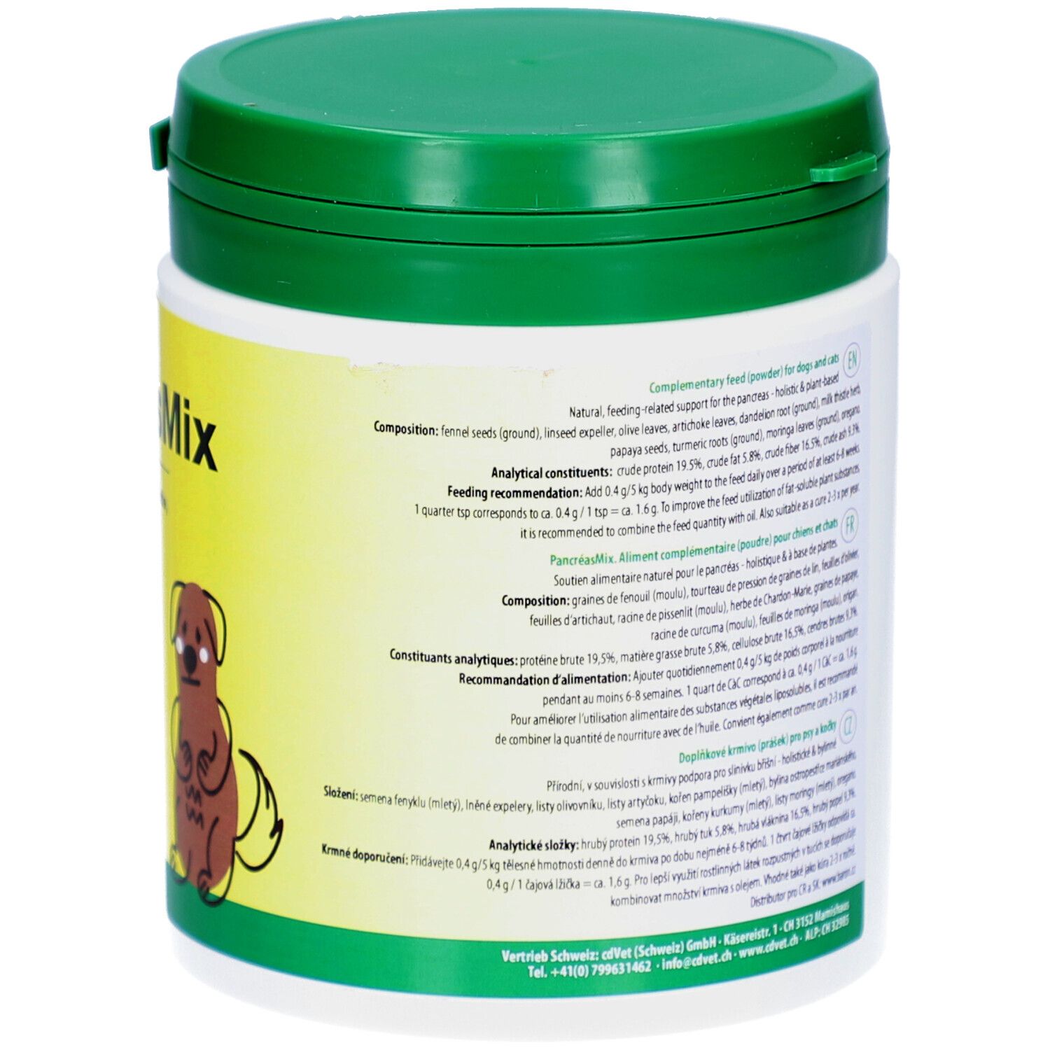 Behälter mit grünem Deckel. Rückseite mit Text in mehreren Sprachen. Produktname: PankreasMix. Inhaltsstoffe und Analyse.