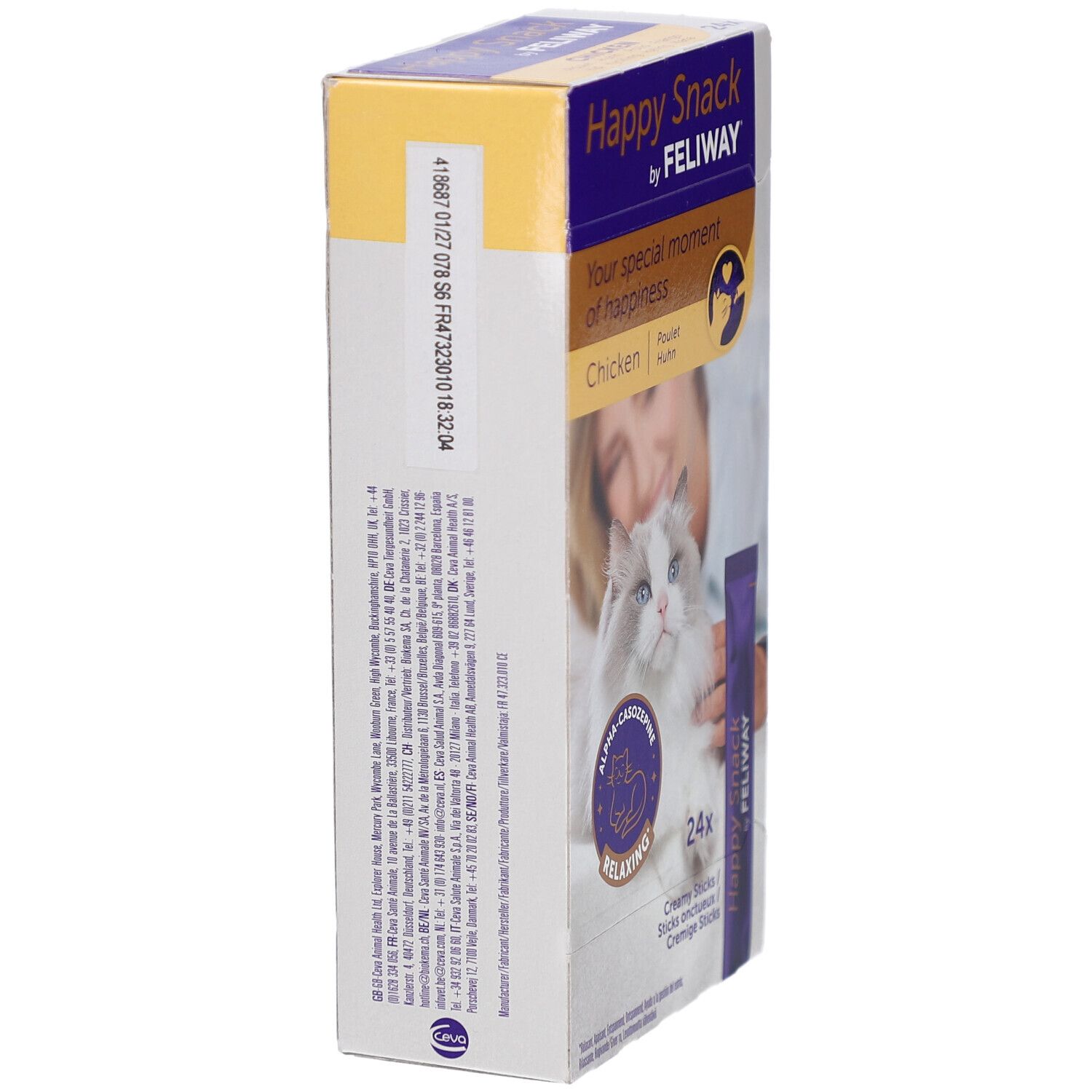 Seitenansicht der FELIWAY Happy Snack Huhn Verpackung. Text und Produktinformationen. Gelber und violetter Hintergrund.