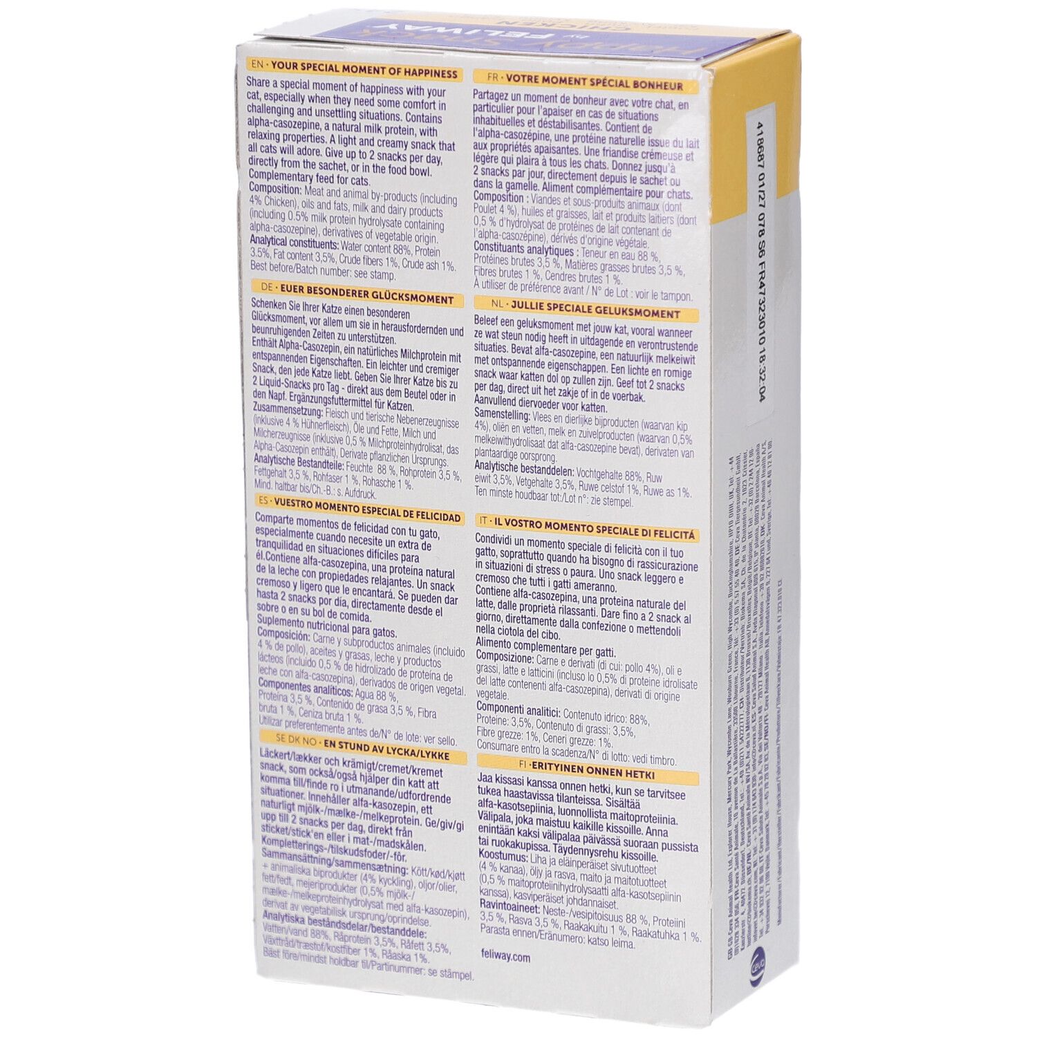 Rückseite der FELIWAY Happy Snack Huhn Verpackung. Text in mehreren Sprachen. Produktinformationen und Inhaltsstoffe.