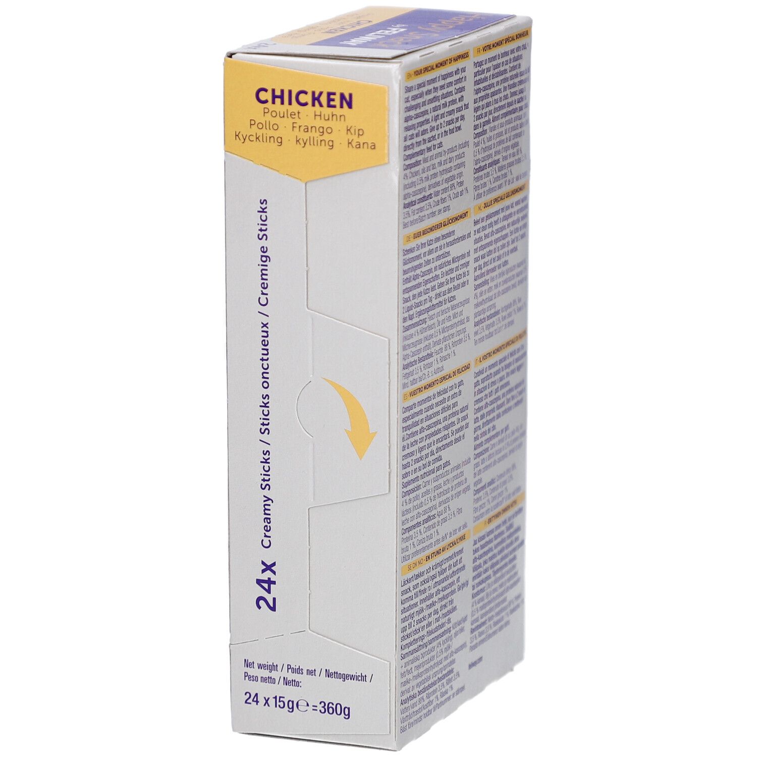 Seite der FELIWAY Happy Snack Huhn Verpackung. Text: Chicken, 24 Sticks, Nettogewicht 15g. Gelber und weißer Hintergrund.