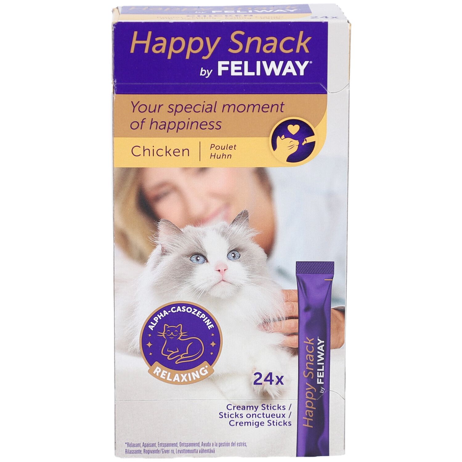 FELIWAY Happy Snack Huhn Verpackung. Box mit Produktabbildung, Katze und Frau. 24 Sticks. Text: Happy Snack by FELIWAY.