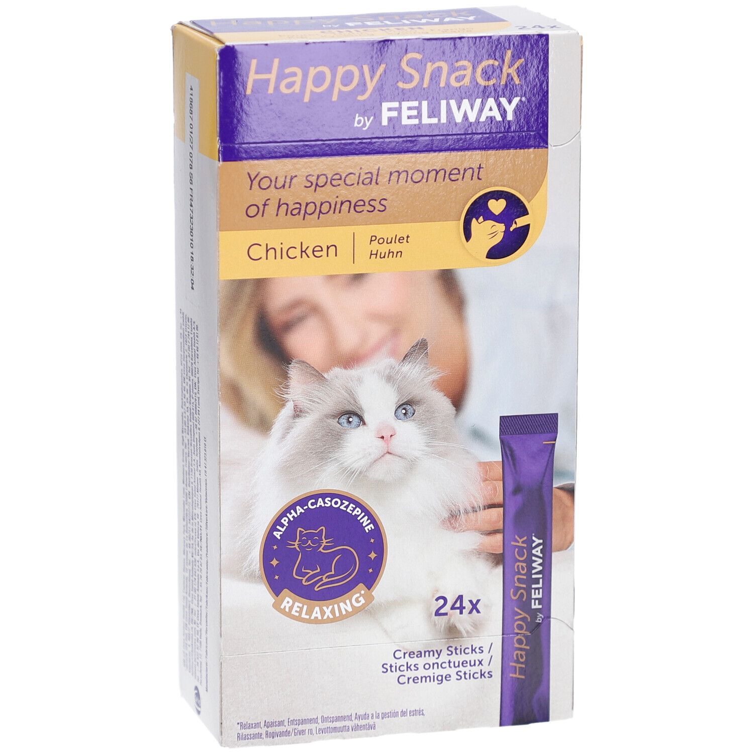 FELIWAY Happy Snack Huhn Verpackung. Box mit Produktabbildung, Katze und Frau. 24 Sticks. Text: Happy Snack by FELIWAY.