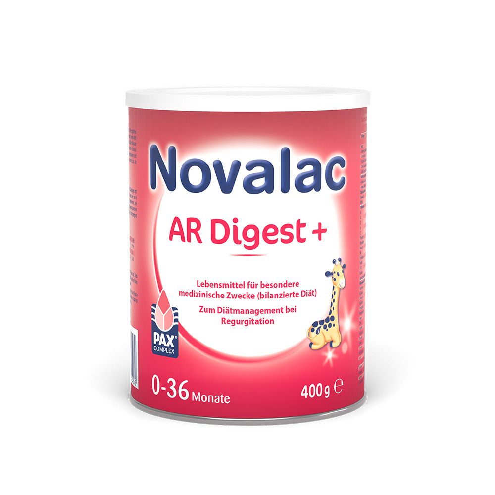 Rote Dose Novalac AR Digest+ für Säuglinge. Aufschrift: 0-36 Monate, 400g. Mit Giraffen-Illustration.