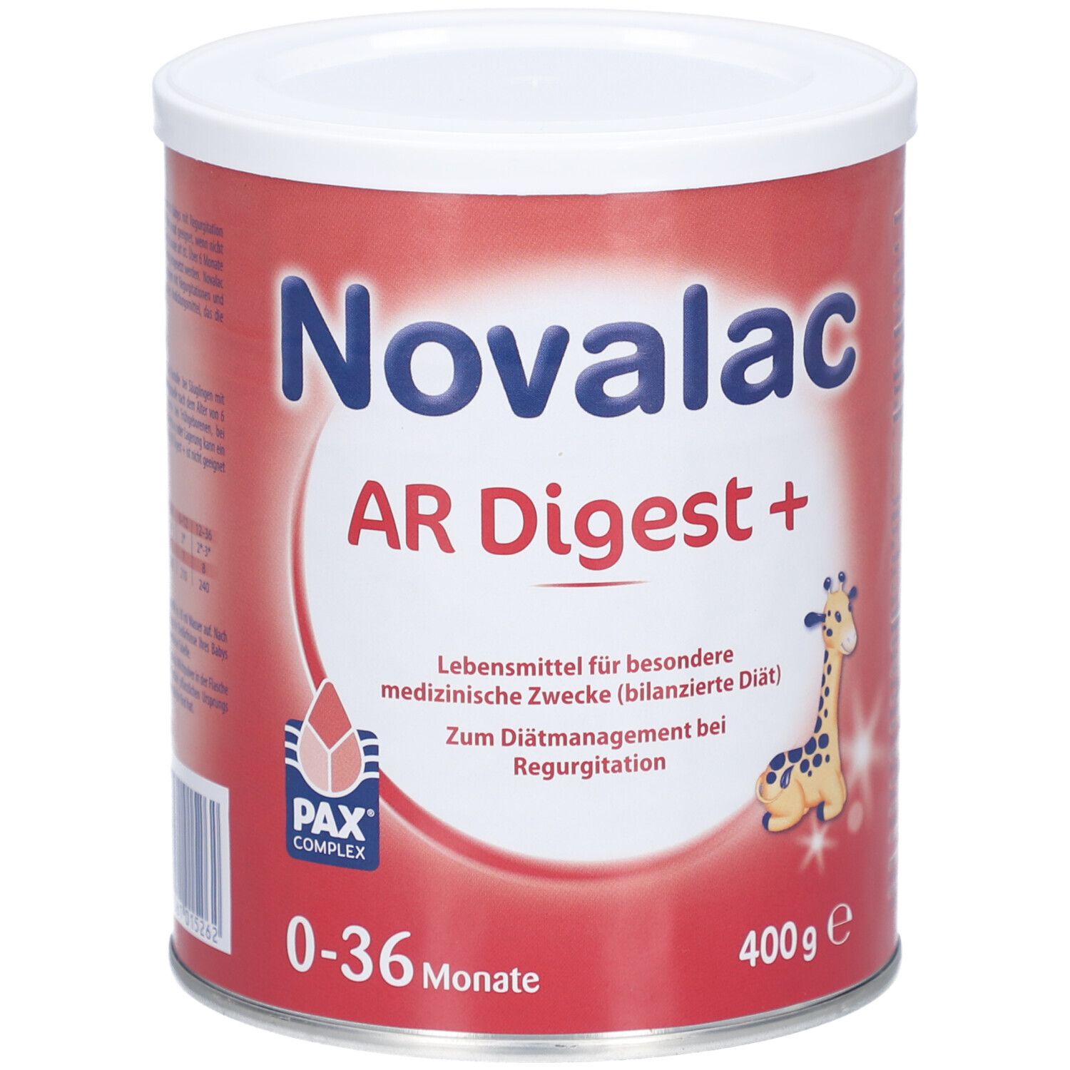Runde Dose mit rotem Etikett. Aufschrift: Novalac AR Digest+. Enthält 400g. Geeignet für 0-36 Monate. Mit Giraffen-Illustration.