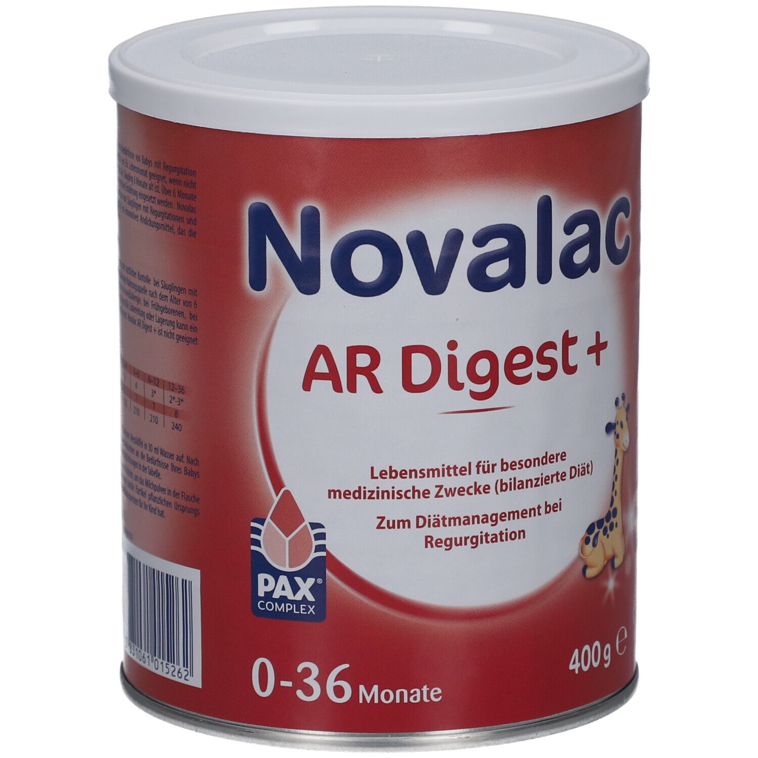Runde Dose mit rotem Etikett. Aufschrift: Novalac AR Digest+. Geeignet für 0-36 Monate. Mit Giraffen-Illustration.