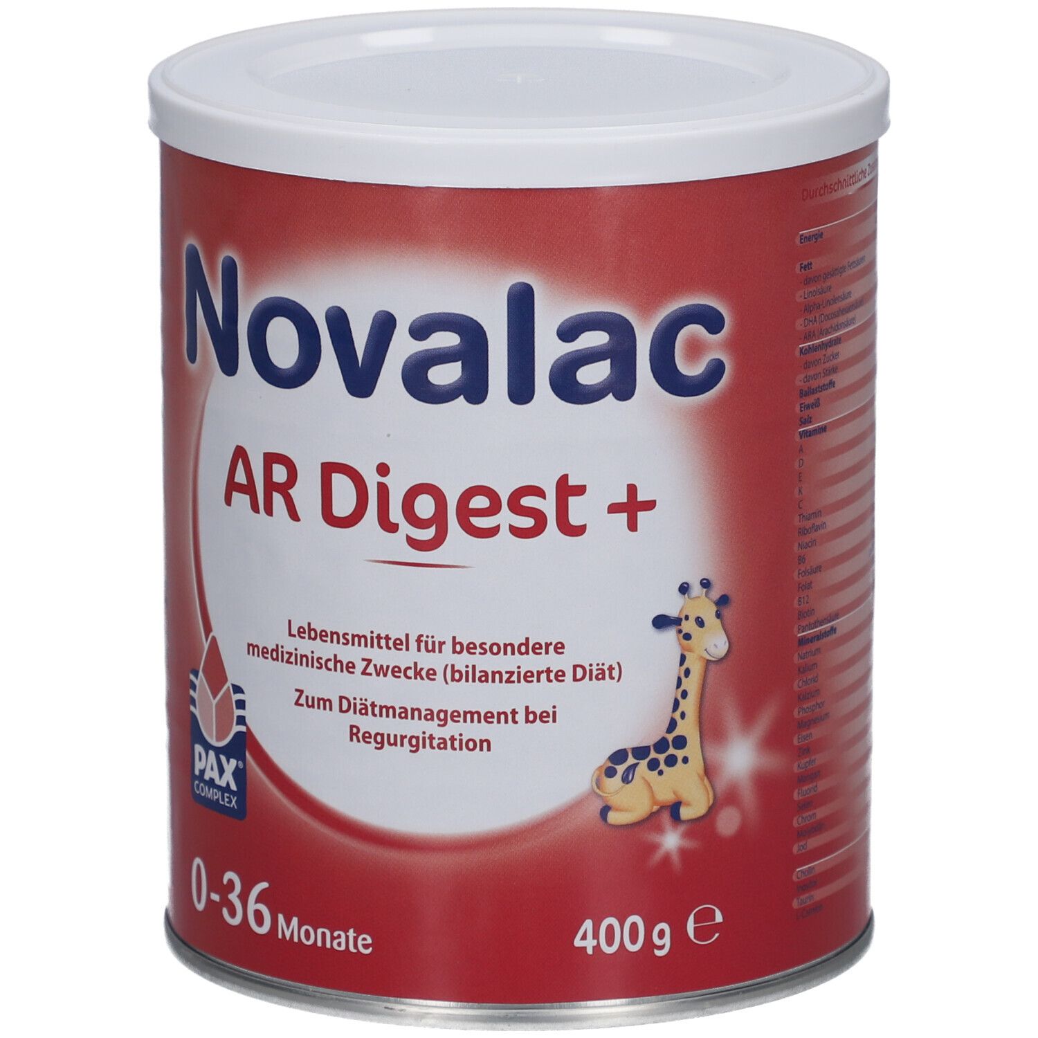 Runde Dose mit rotem Etikett. Aufschrift: Novalac AR Digest+. Geeignet für 0-36 Monate. Mit Giraffen-Illustration.