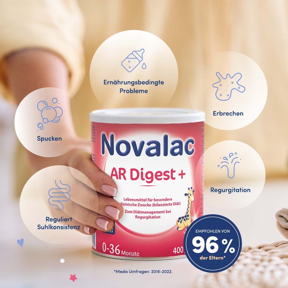 Frau hält Dose Novalac AR Digest+. Grafiken zeigen: Erbrechen, Regurgitation, Spucken, reguliert Stuhlkonsistenz.