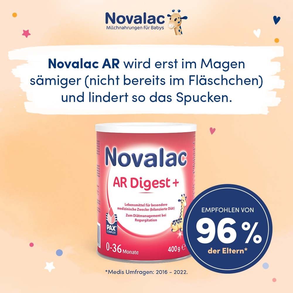 Dose Novalac AR Digest+ neben Text: Novalac AR wird erst im Magen sämiger und lindert so das Spucken.