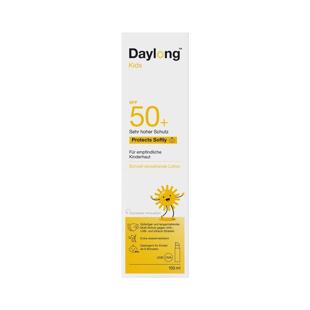 Verpackung von Daylong Kids SPF 50+. Sehr hoher Schutz. Für empfindliche Kinderhaut. 150 ml.