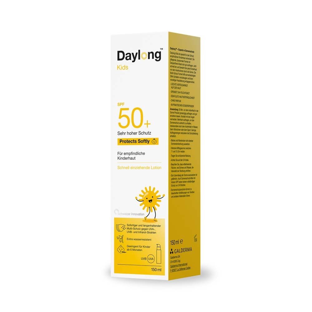 Verpackung von Daylong Kids SPF 50+. Sehr hoher Schutz. Für empfindliche Kinderhaut. 150 ml.