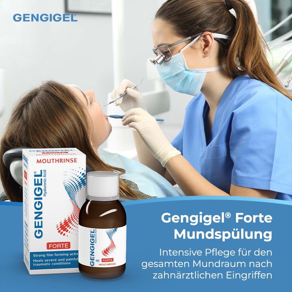 Zahnarztbehandlung. Mundspülung und Verpackung. Patientin im Behandlungsstuhl. Zahnarzt mit Instrumenten.