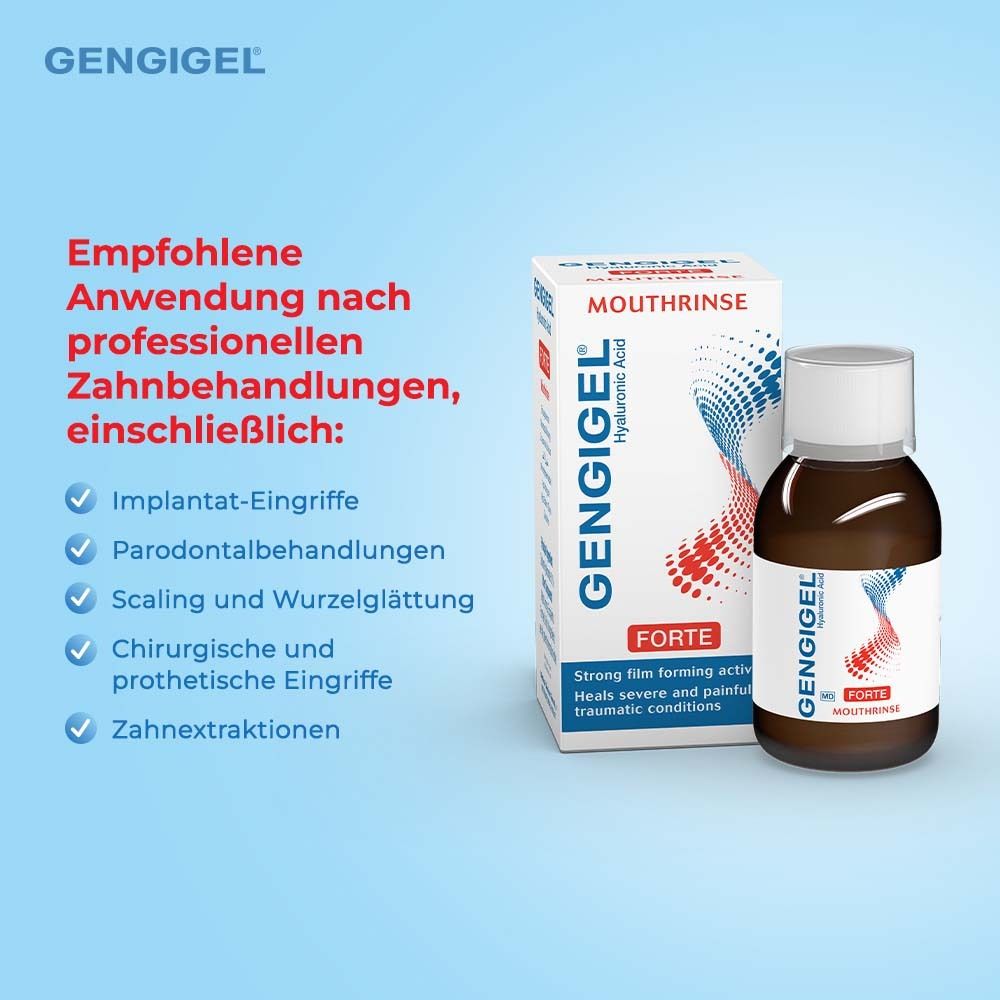 Mundspülung und Verpackung. Produktname und Logo. Aufzählung von Anwendungsbereichen nach zahnärztlichen Behandlungen.