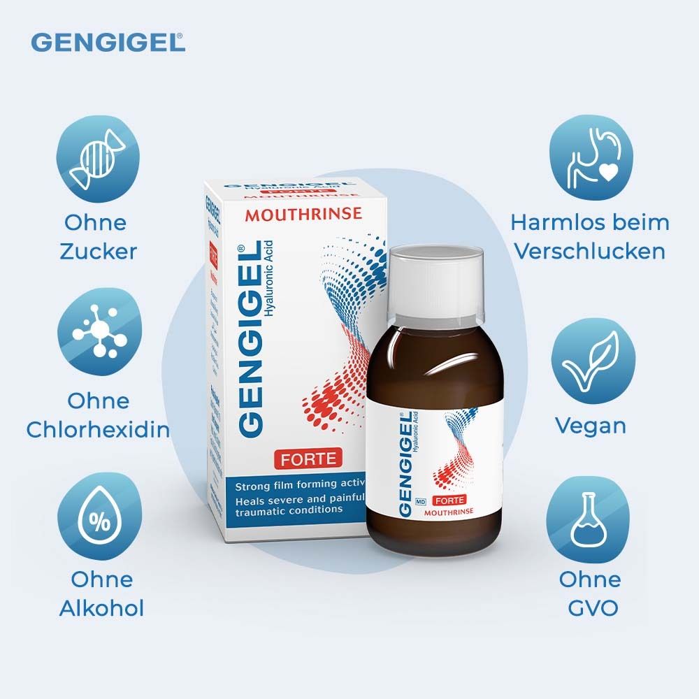 Mundspülung und Verpackung. Produktname und Logo. Grafische Elemente mit Inhaltsstoff- und Eigenschaftshinweisen.
