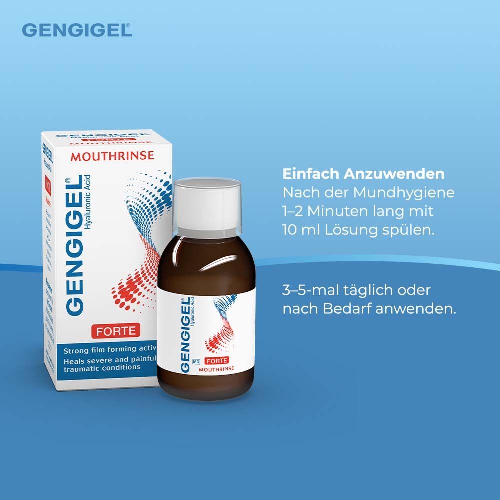 Mundspülung und Verpackung. Produktname und Logo. Anwendungshinweise: 1-2 Minuten spülen, 3-5 mal täglich.