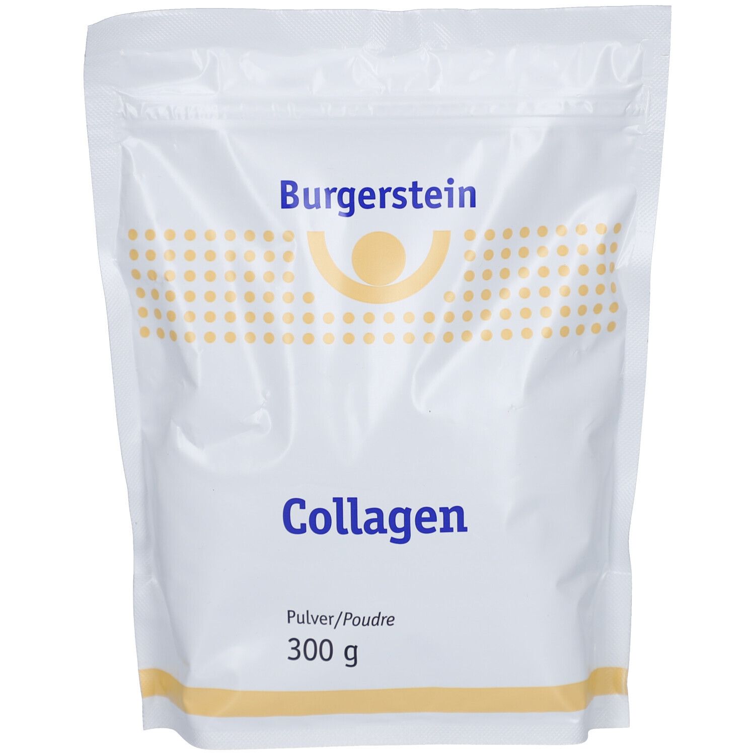 Weißer Beutel mit Burgerstein Collagen. Blaue und gelbe Schrift. Aufschrift: Collagen Pulver/Poudre, 300 g.