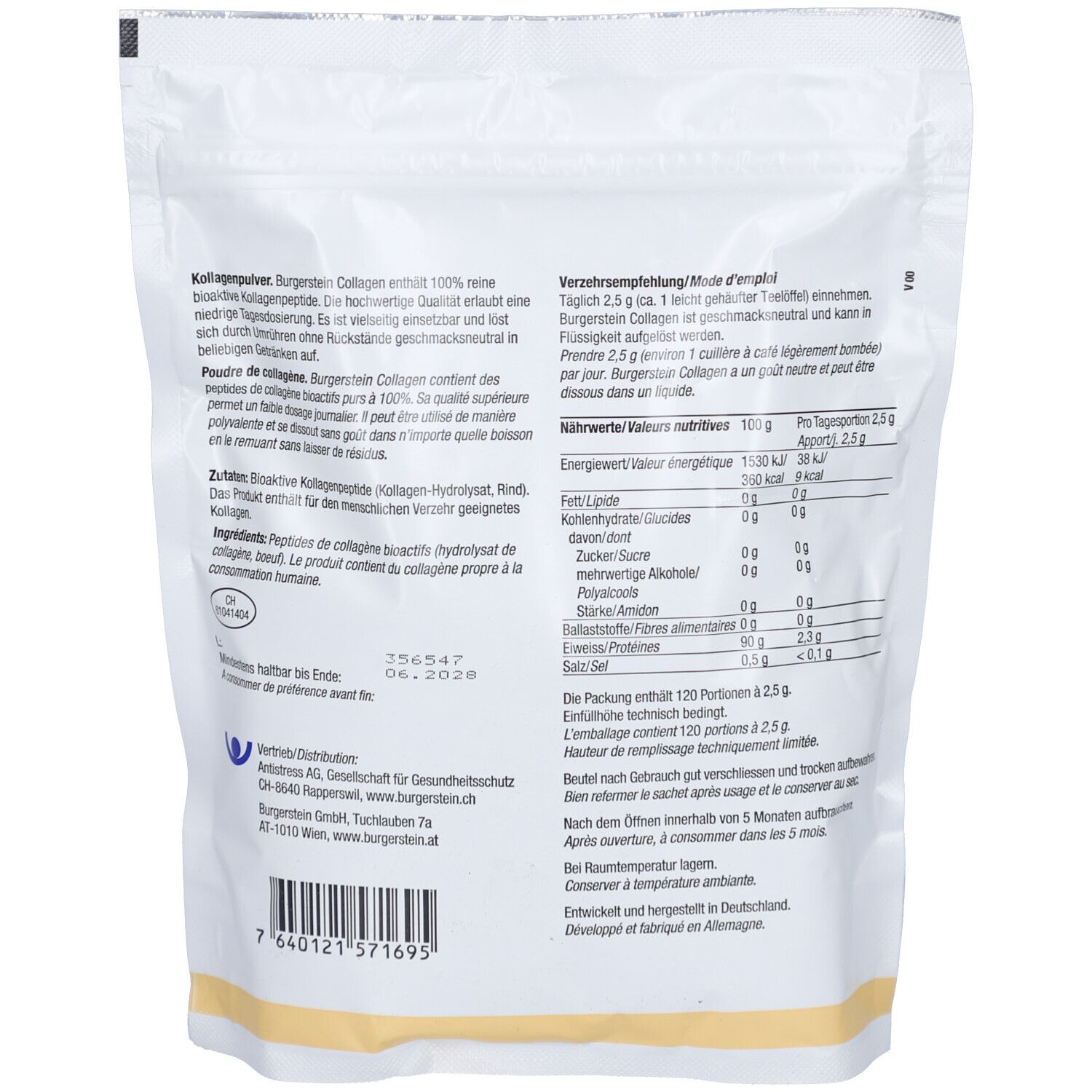 Rückseite des weißen Burgerstein Collagen Beutels. Text in Deutsch und Französisch. Nährwertangaben und Inhaltsstoffe.