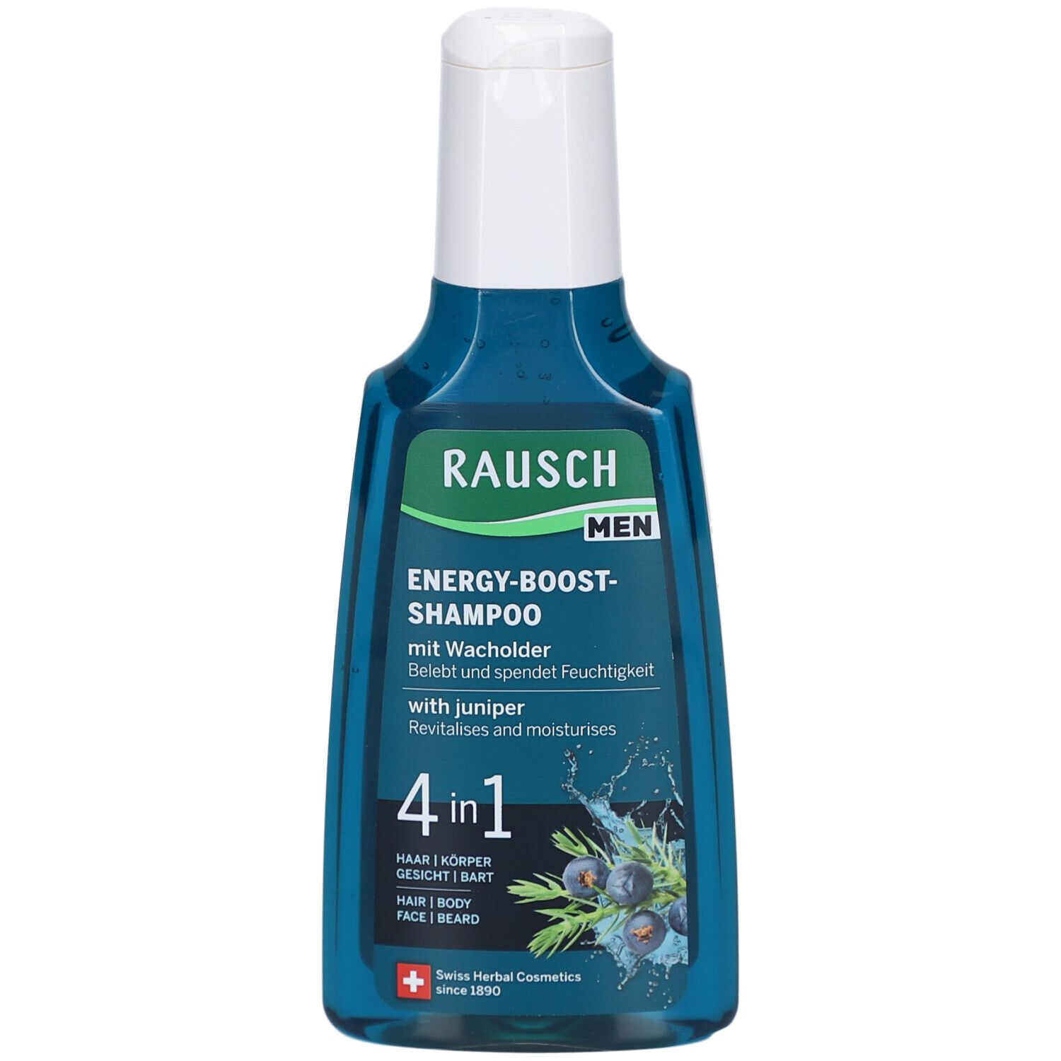 Blaue Flasche mit weißem Deckel. Aufschrift: RAUSCH MEN ENERGY-BOOST-SHAMPOO mit Wacholder. 4 in 1. Schweizer Kräuterkosmetik.