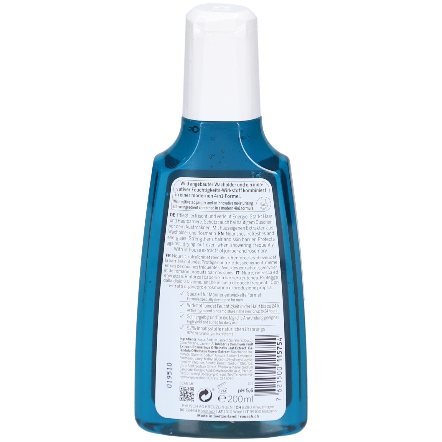 Rückseite der blauen Flasche. Text in mehreren Sprachen. Volumen: 200ml. pH 5.6. Hergestellt in der Schweiz.