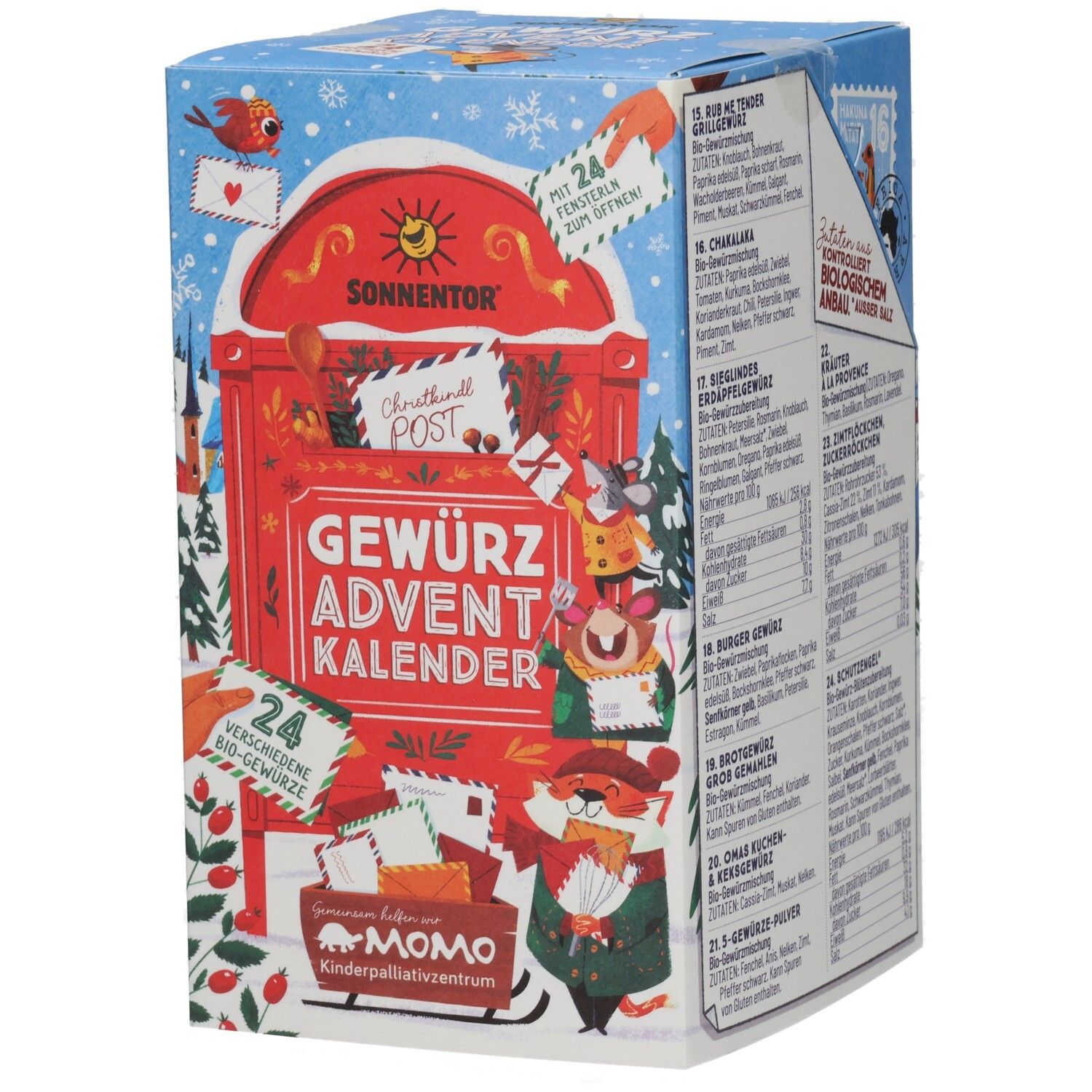 Adventkalender mit Gewürzen. Rote Briefkasten-Illustration mit Text. Enthält 24 Bio-Gewürze. MOMO Kinderpalliativzentrum.