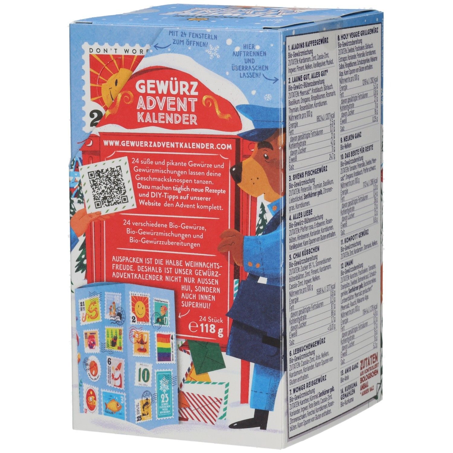Adventkalender mit Gewürzen. Seite mit Text und QR-Code. Enthält 24 Bio-Gewürze. Gewicht: 118g. Illustration mit Briefmarken.