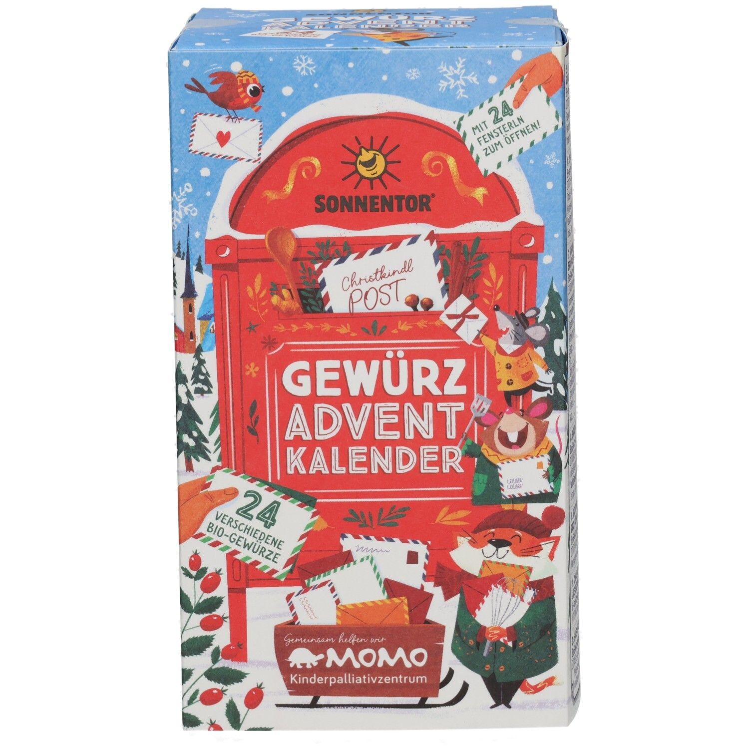 Adventkalender mit Gewürzen. Rote Briefkasten-Illustration mit Text. Enthält 24 Bio-Gewürze. MOMO Kinderpalliativzentrum.