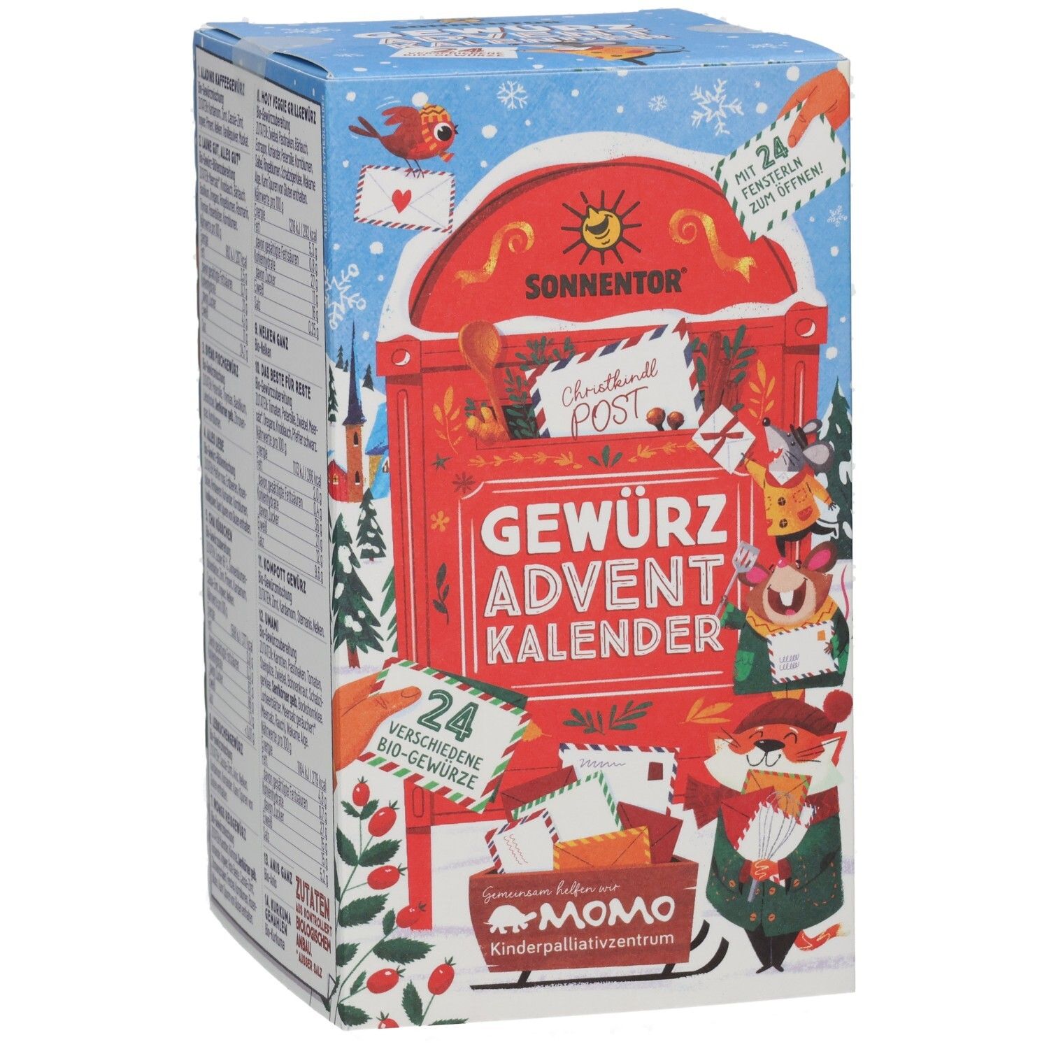 Adventkalender mit Gewürzen. Rote Briefkasten-Illustration mit Text. Enthält 24 Bio-Gewürze. MOMO Kinderpalliativzentrum.