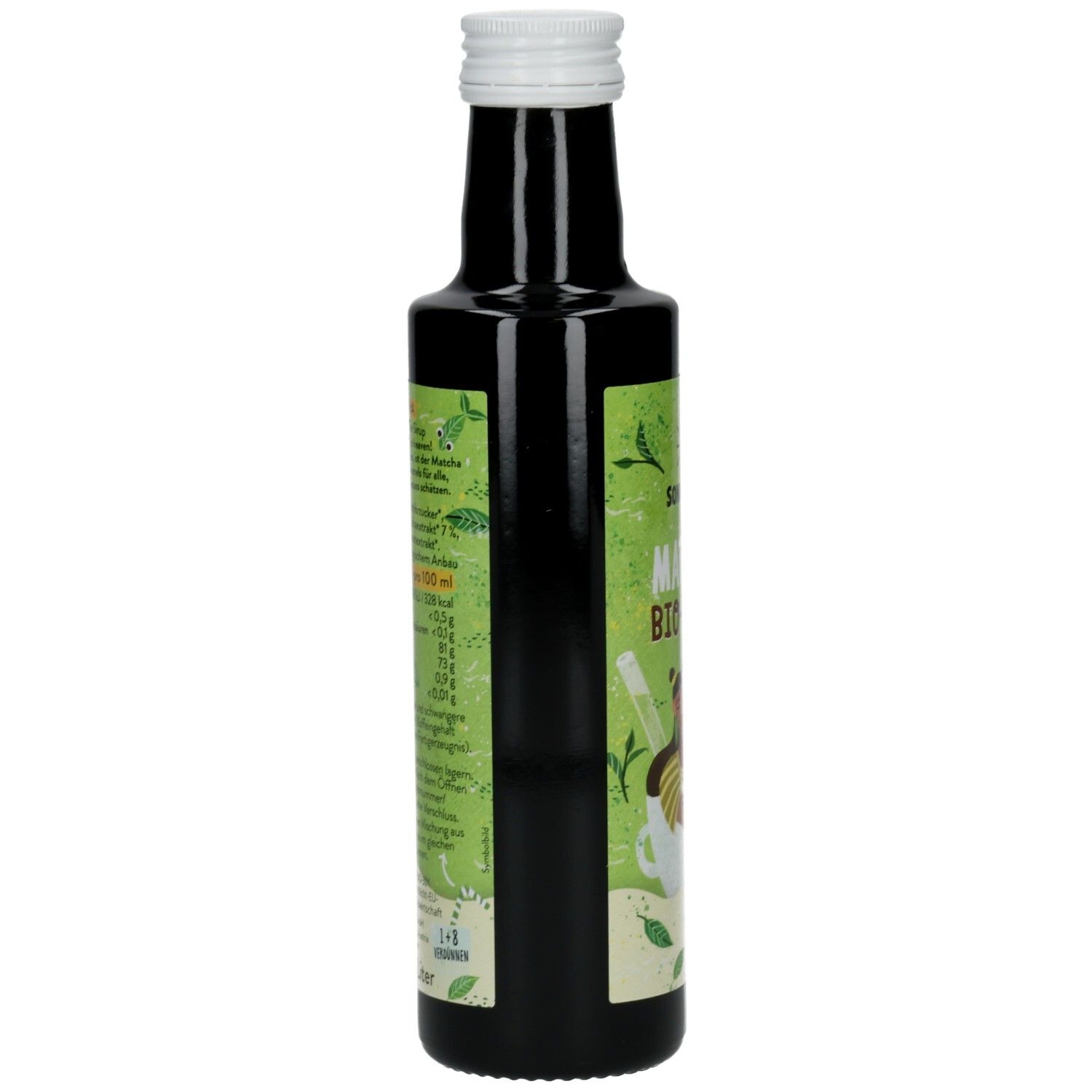 Grüne Glasflasche mit weißem Deckel. Seitenansicht mit Textinformationen. Aufschrift "SONNENTOR MATCHA BIO-SIRUP".