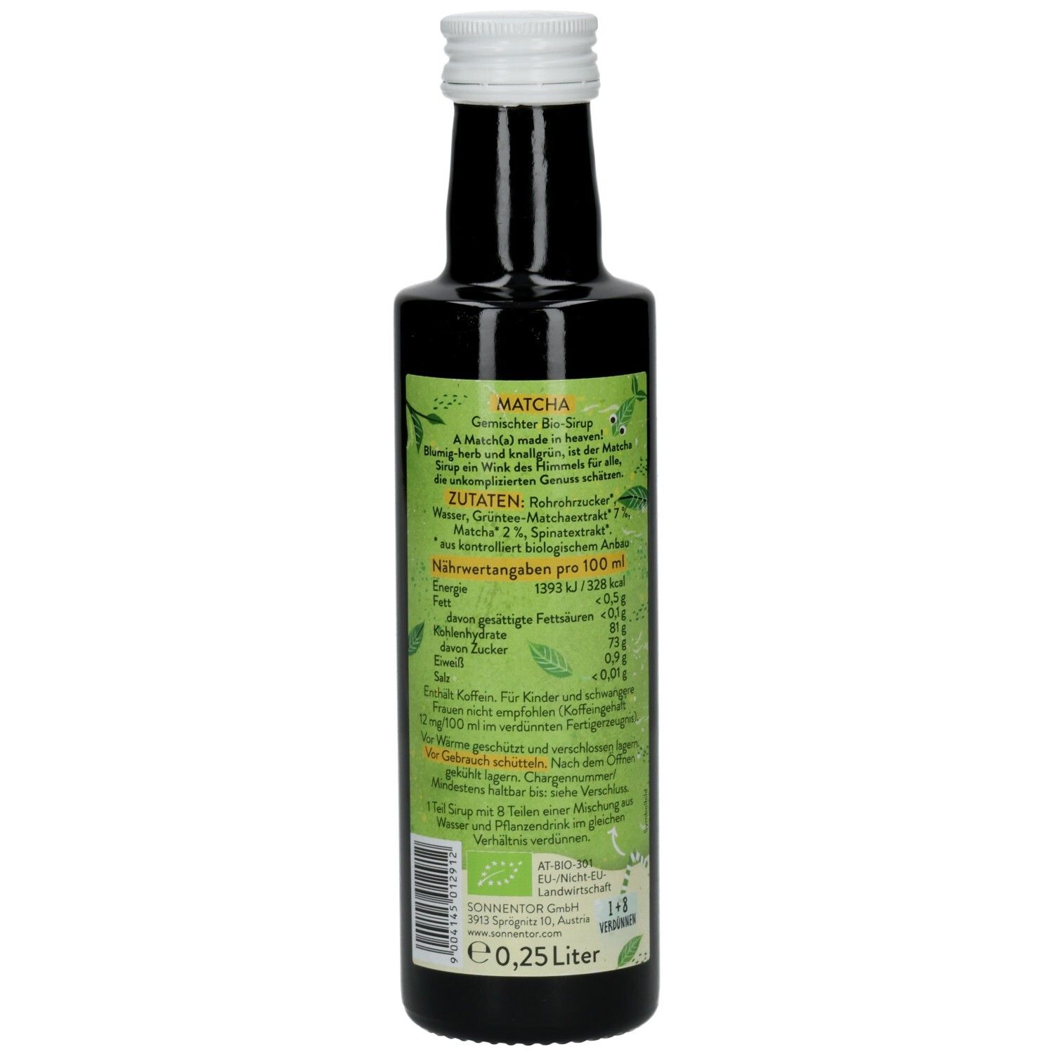 Grüne Glasflasche mit weißem Deckel. Rückseite mit Zutatenliste und Nährwertangaben. Aufschrift "SONNENTOR MATCHA BIO-SIRUP".