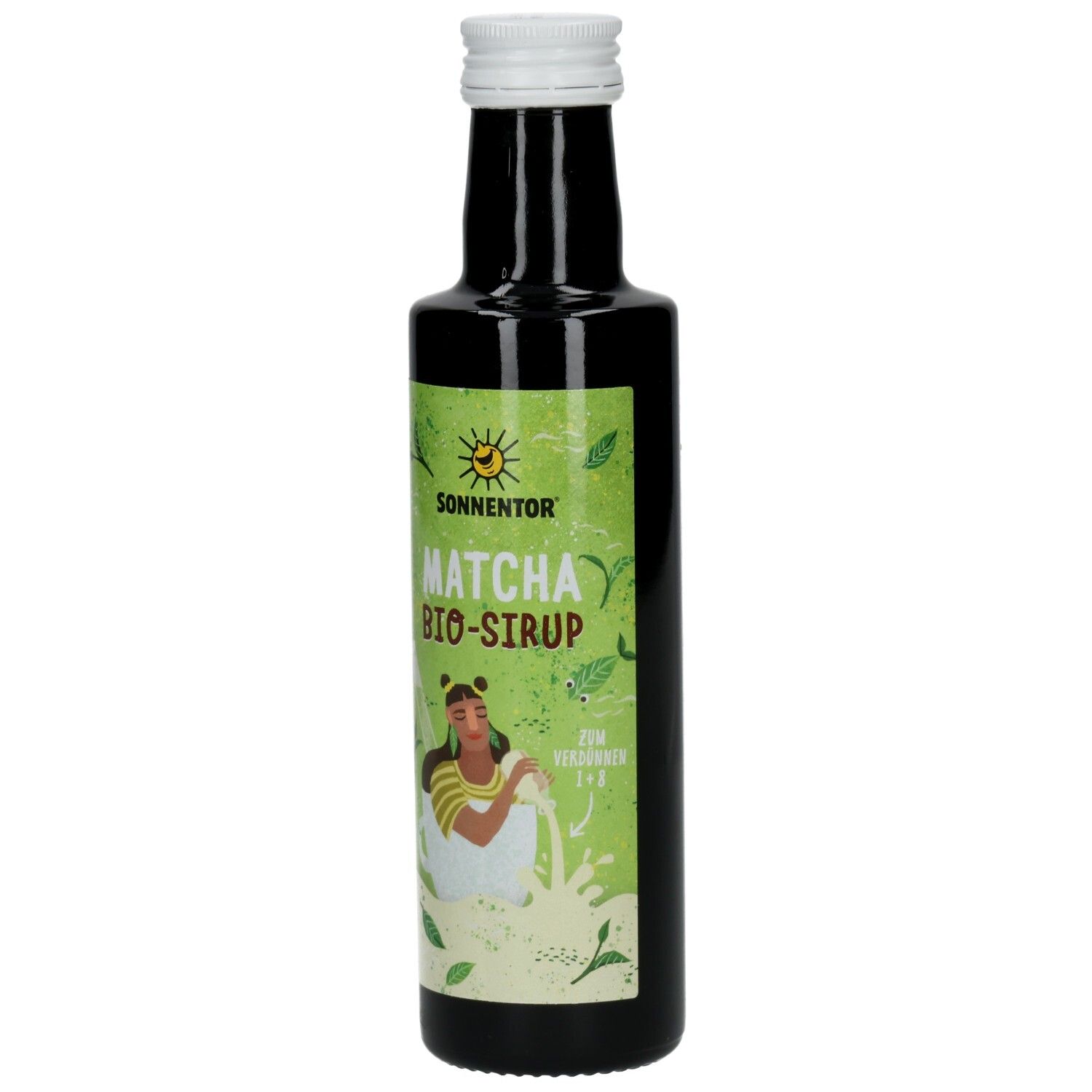 Grüne Glasflasche mit weißem Deckel. Etikett mit "SONNENTOR MATCHA BIO-SIRUP". Illustration einer Frau mit Matcha.