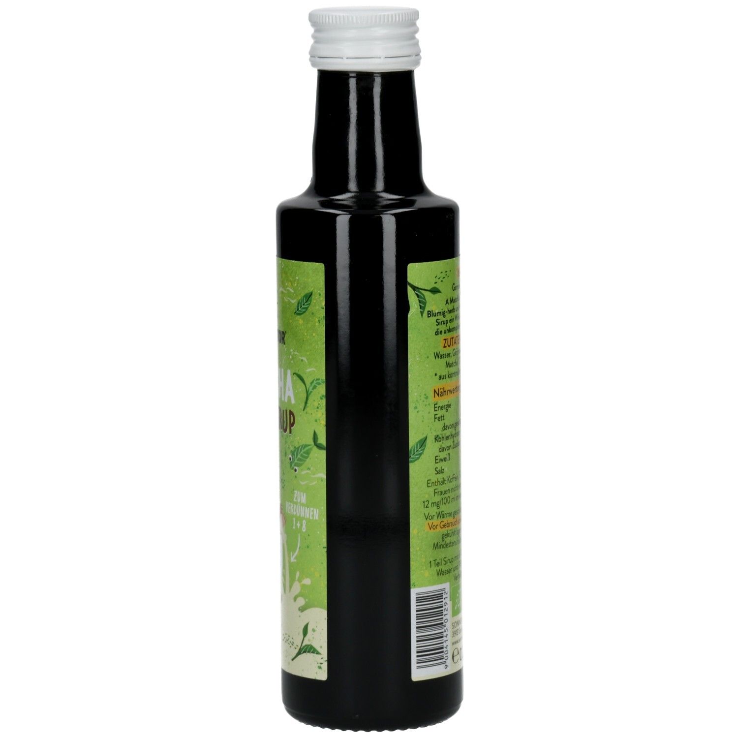 Grüne Glasflasche mit weißem Deckel. Seitenansicht mit Textinformationen. Aufschrift "SONNENTOR MATCHA BIO-SIRUP".
