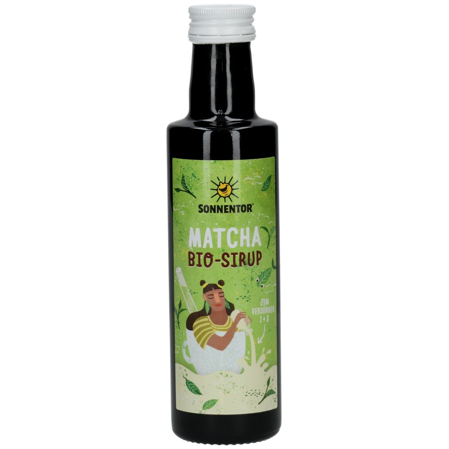 Grüne Glasflasche mit weißem Deckel. Etikett mit "SONNENTOR MATCHA BIO-SIRUP". Illustration einer Frau mit Matcha.