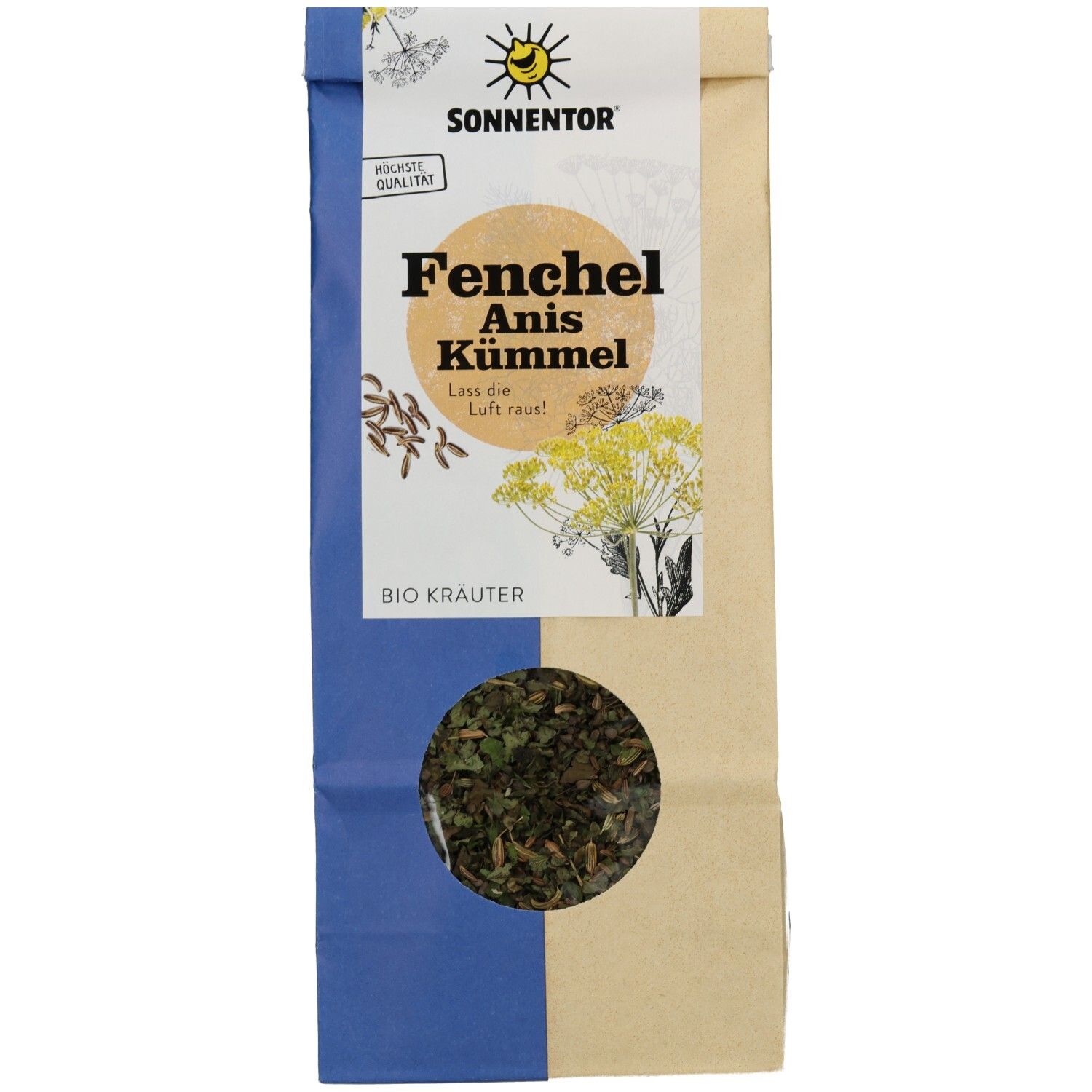 Beutel mit SONNENTOR Fenchel-Anis-Kümmel. Sichtfenster mit Kräutern. Logo und Schriftzug auf weißem Feld. Blaue und beige Farbflächen.