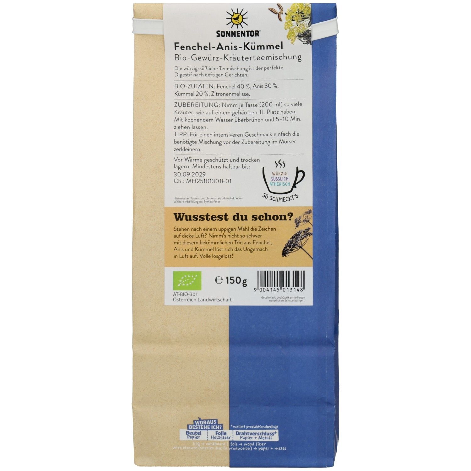 Rückseite des Beutels SONNENTOR Fenchel-Anis-Kümmel. Text mit Zutaten, Zubereitung und Logo. Bio-Siegel und Gewichtsangabe.