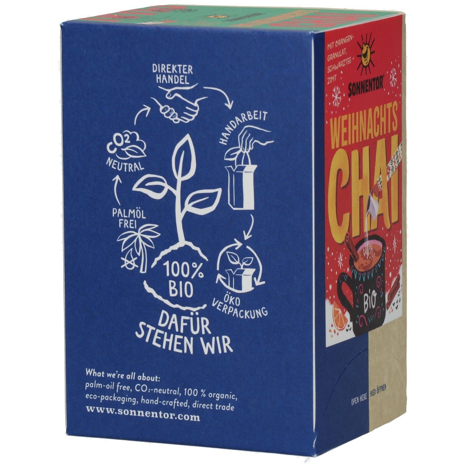 Rückseite der SONNENTOR WEIHNACHTS CHAI BIO BTL-Verpackung. Aufschrift: 100% BIO, ÖKO VERPACKUNG, palmölfrei, CO2 neutral.