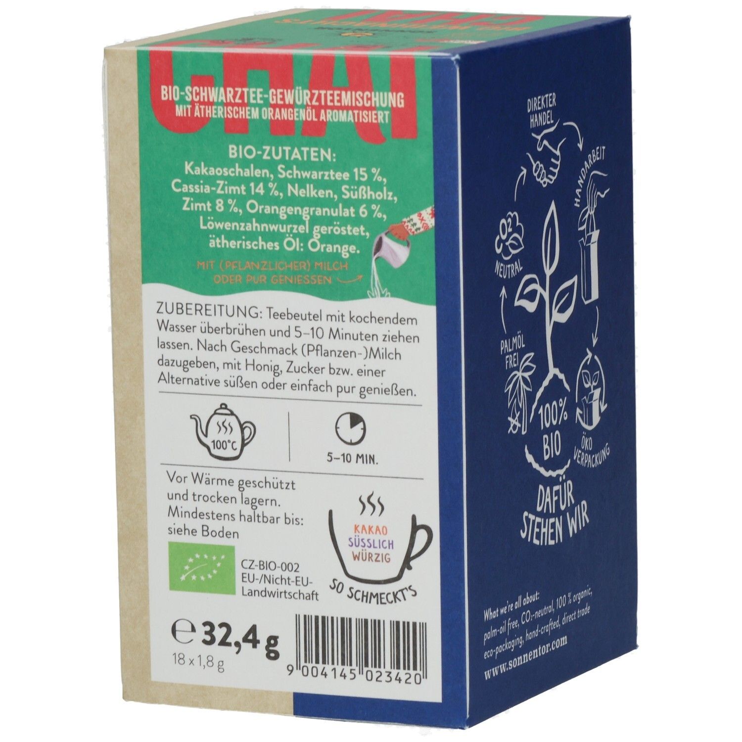 SONNENTOR WEIHNACHTS CHAI BIO BTL-Verpackung. Zutatenliste, Zubereitungshinweise, Bio-Siegel. Gewicht: 32,4g, 18x1,8g.