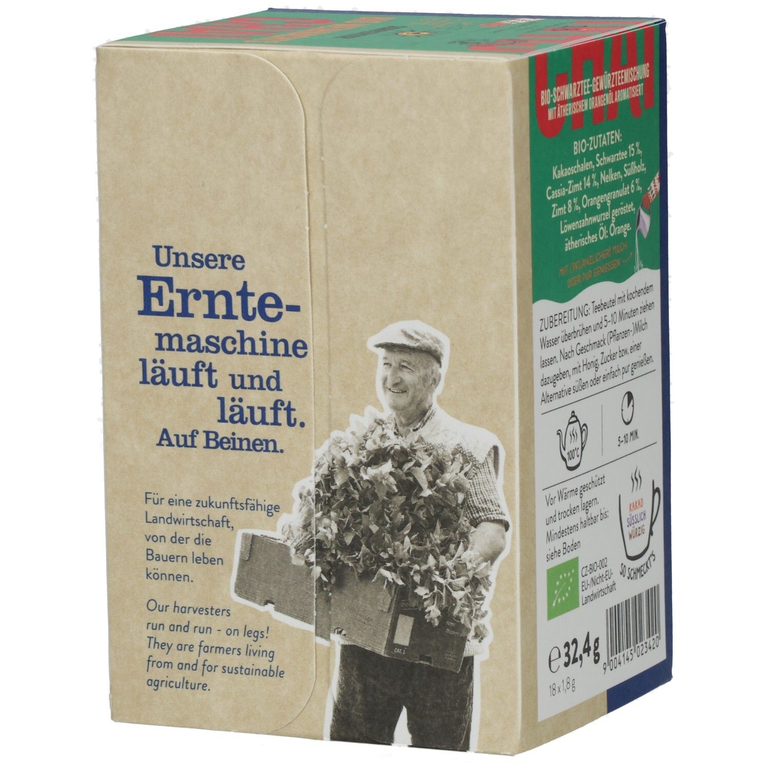 SONNENTOR WEIHNACHTS CHAI BIO BTL-Verpackung. Aufschrift: Unsere Erntemaschine läuft und läuft. Bio-Siegel. Gewicht: 32,4g.