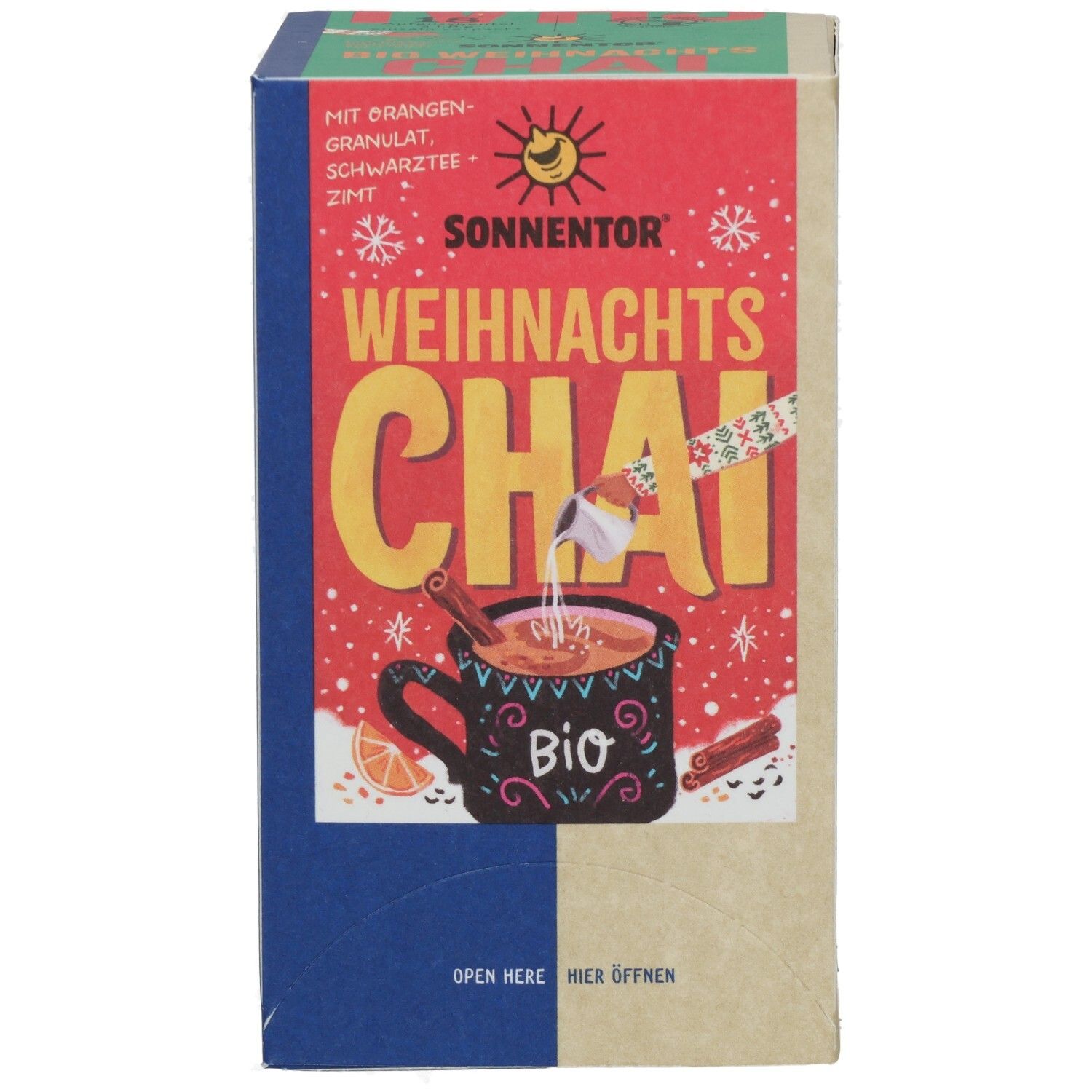 SONNENTOR WEIHNACHTS CHAI BIO BTL. Karton mit Produktabbildung. Aufschrift: BIO, Orangen-Granulat, Schwarztee, Zimt.