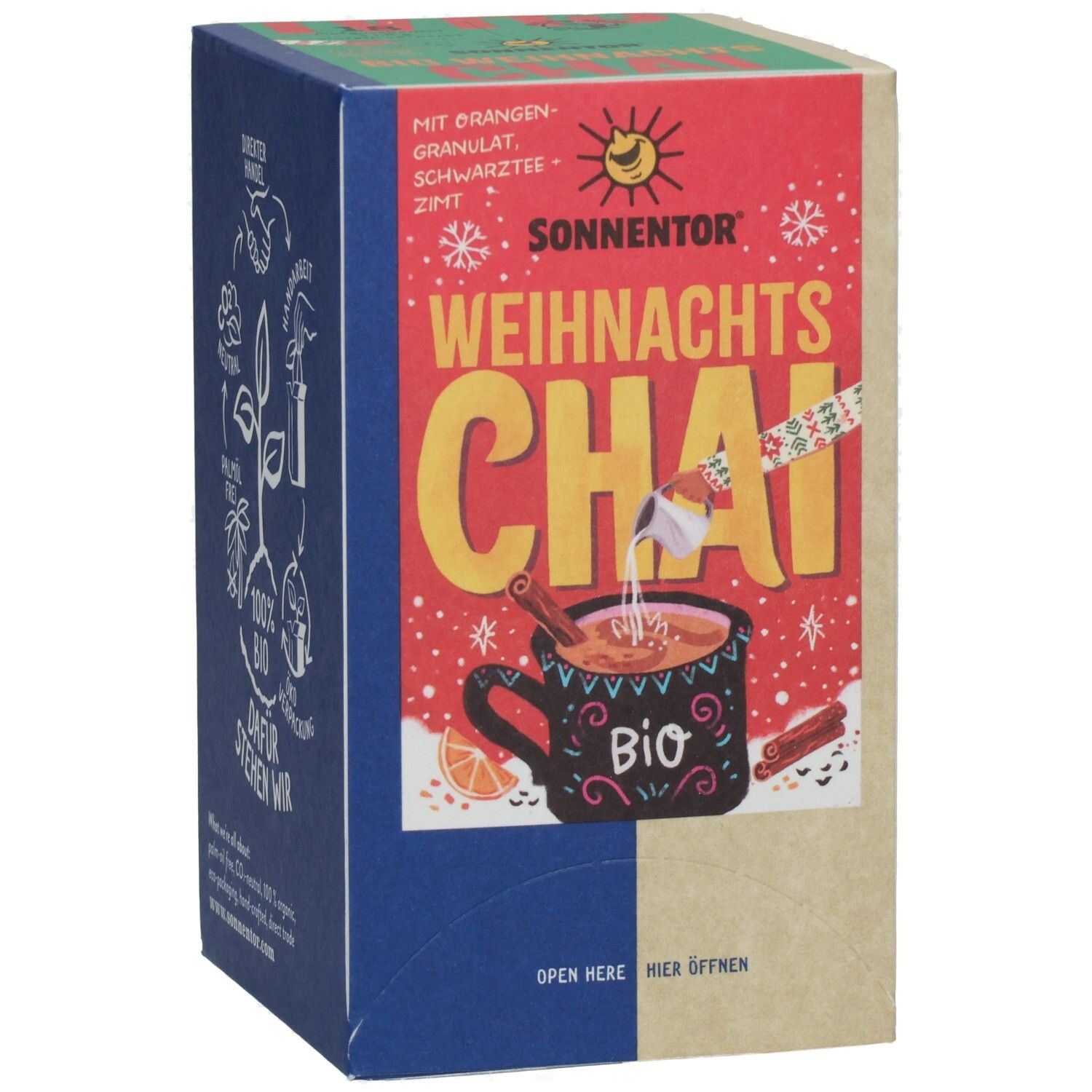 SONNENTOR WEIHNACHTS CHAI BIO BTL. Karton mit Produktabbildung. Aufschrift: BIO, Orangen-Granulat, Schwarztee, Zimt.